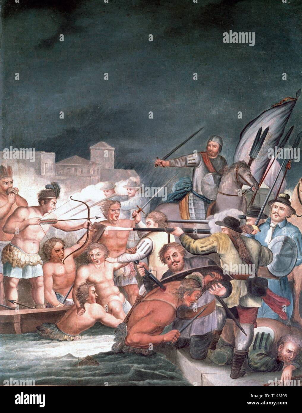CONQUISTADOR HERNAN CORTES , ESPAÑOL . MEDELLIN 1485 - 1547 ' LA NOCHE TRISTE ' . 30 de junio de 1520 DE LA SERIE , CONQUISTA DE MEXICO MUSEO de l'Amérique. MADRID. Banque D'Images