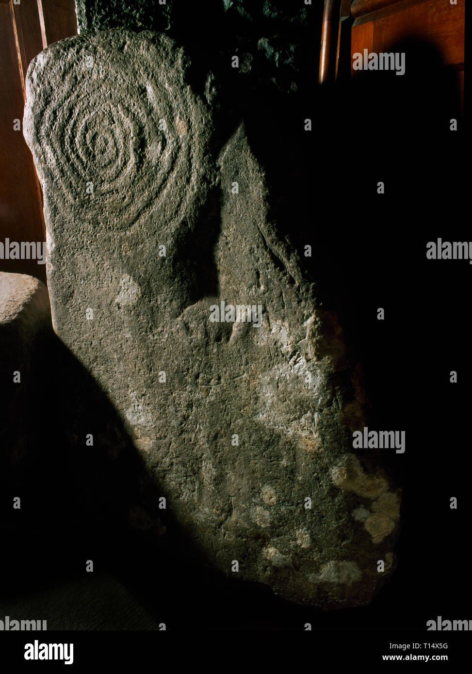 Une pierre sculptée en spirale néolithique (sens horaire, 7 boucles avec 2 mini-cupmarks), conservé dans l'église St Pierre, Llanbedr, Gwynedd, Pays de Galles, Royaume-Uni. Banque D'Images
