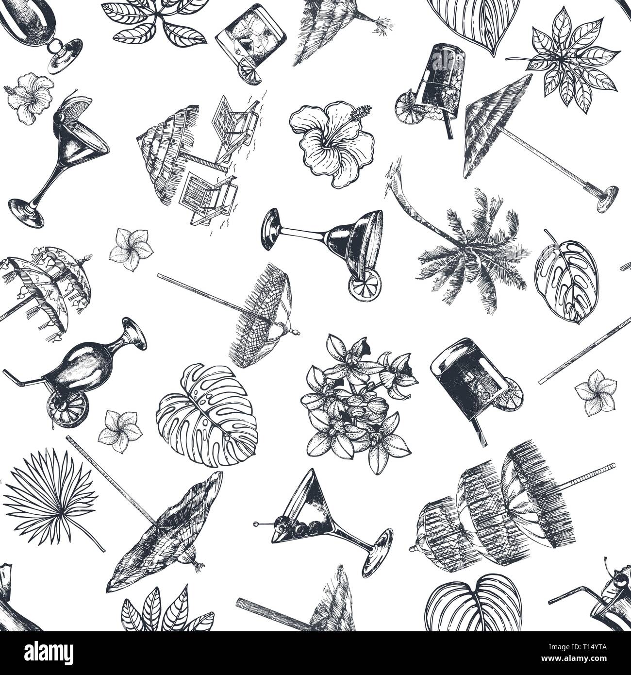 Motif de la main sans couture croquis différents style de parasols, de plantes tropicales et de cocktails alcoolisés isolé sur fond blanc. Illustra vecteur Illustration de Vecteur