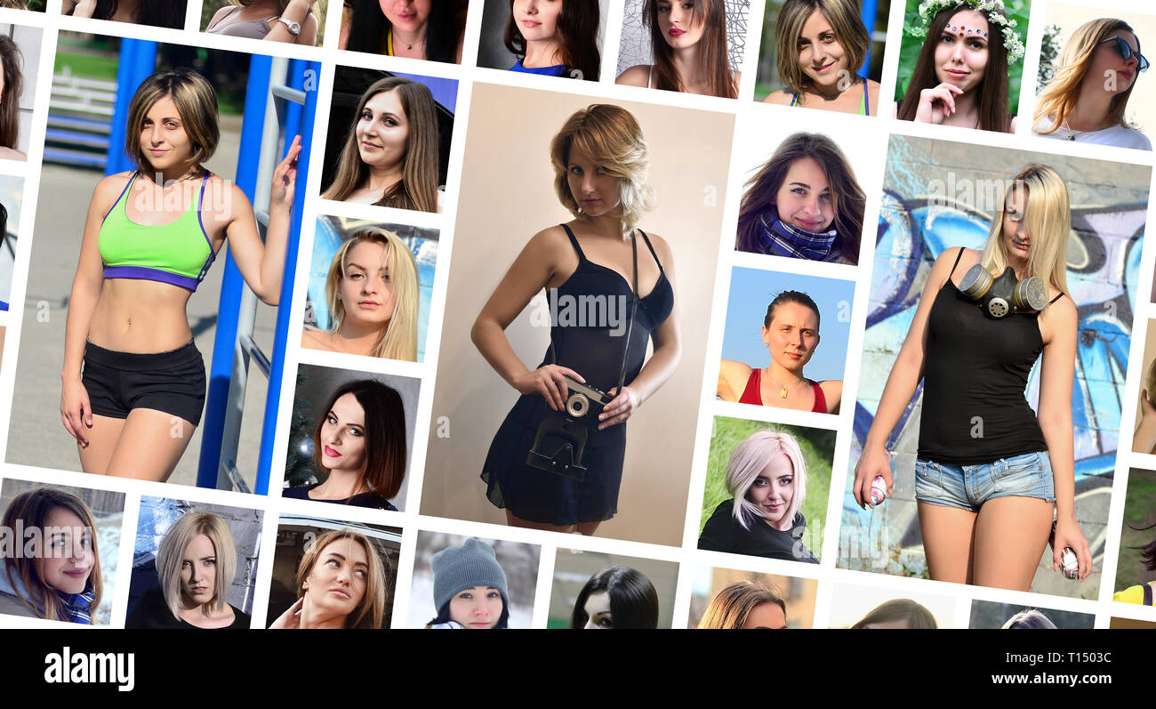 Collage les portraits de groupe de jeunes filles de race blanche pour réseau de médias sociaux. Ensemble de photos femelle rond isolé sur fond blanc Banque D'Images