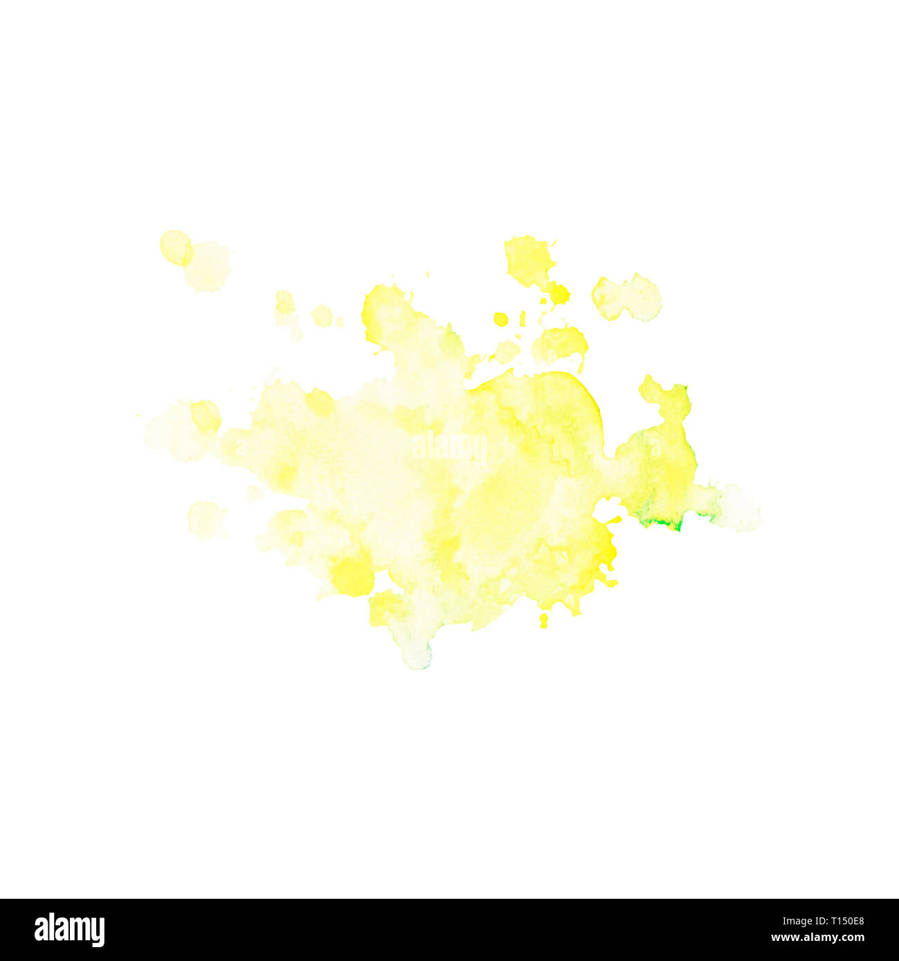 Aquarelle spot de couleur jaune pâle avec des touches de vert et de divorces. Blot isolé sur fond blanc. Tache jaune citron dessiné à la main. Banque D'Images