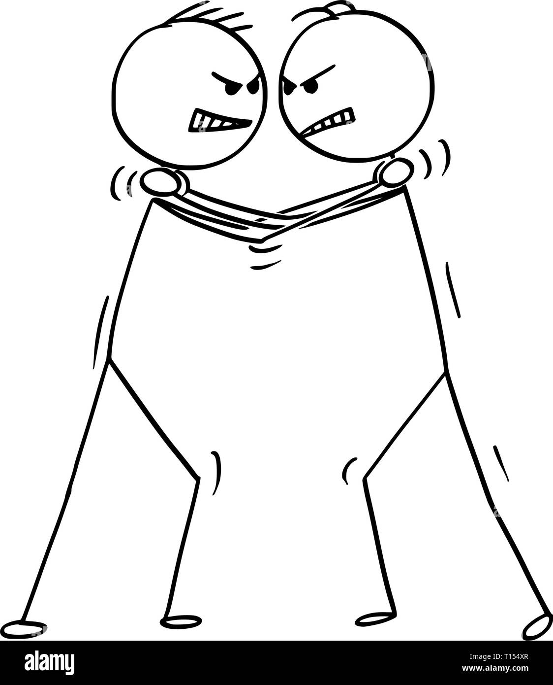 Cartoon stick figure dessin illustration conceptuelle de deux hommes d'affaires tiennent la cou et étrangler ou étranglement de l'adversaire. Illustration de Vecteur