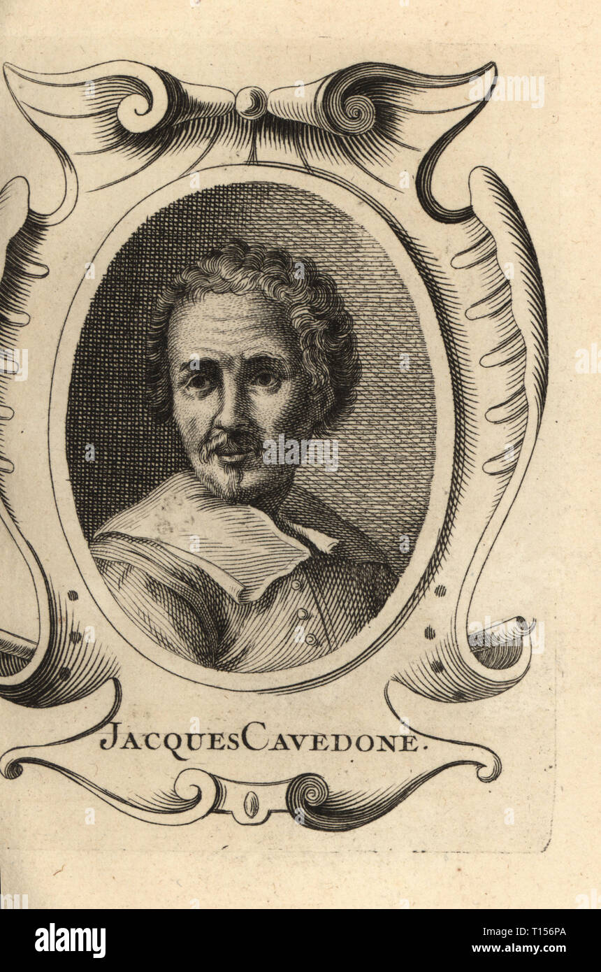 Portrait de Giacomo Cavedone, peintre italien baroque de l'école bolognaise, 1577-1660. Jacques Cavedone. La gravure sur cuivre de Antoine-Joseph Dezallier d'Argenville's Abrege de la vie des plus fameux peintres, vit des artistes les plus célèbres, de Bure de l'Aine, Paris, 1762. Banque D'Images