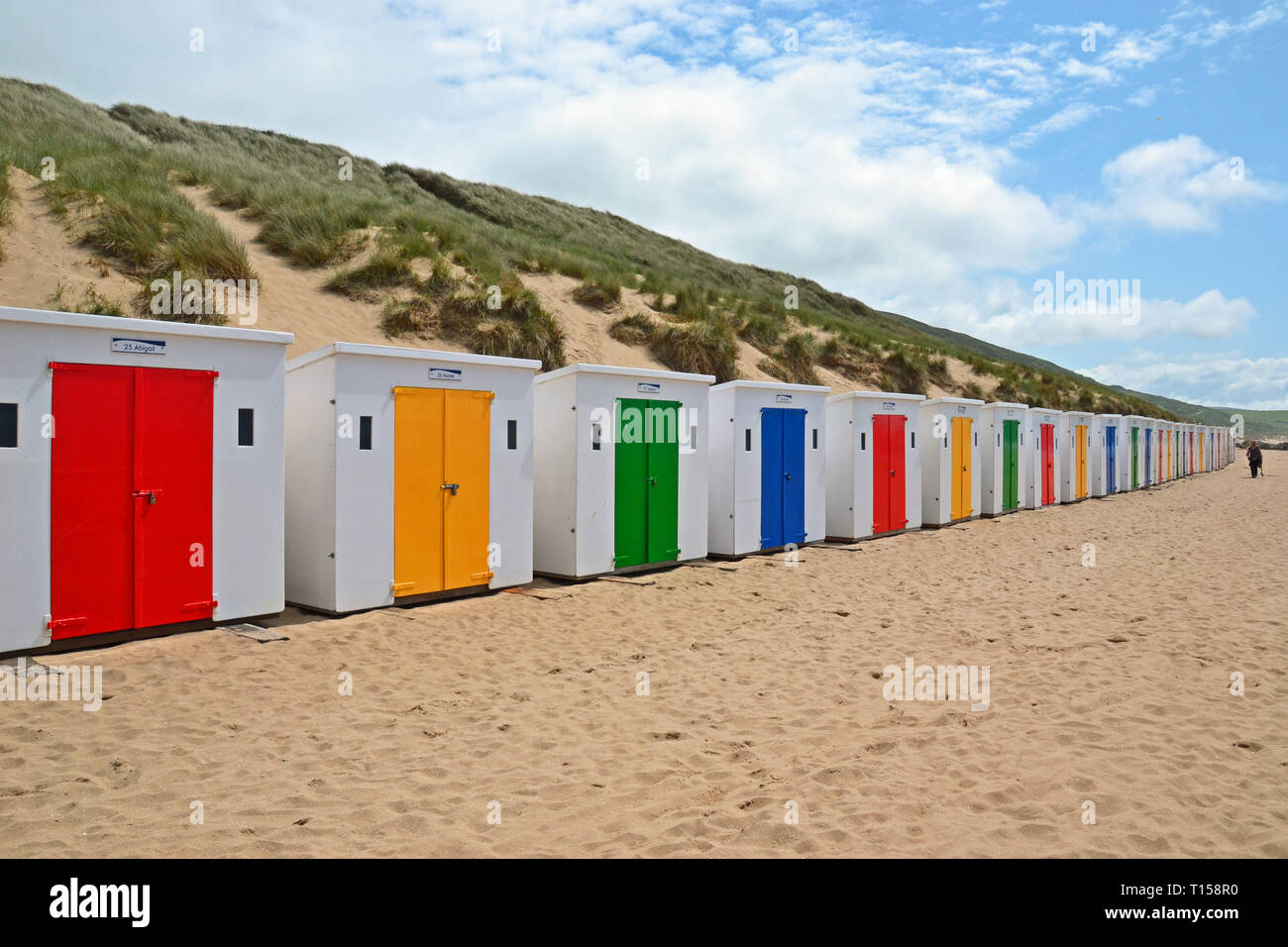 Cabines de plage sur la plage de Woolacombe, Woolacombe Bay, Devon, UK Banque D'Images