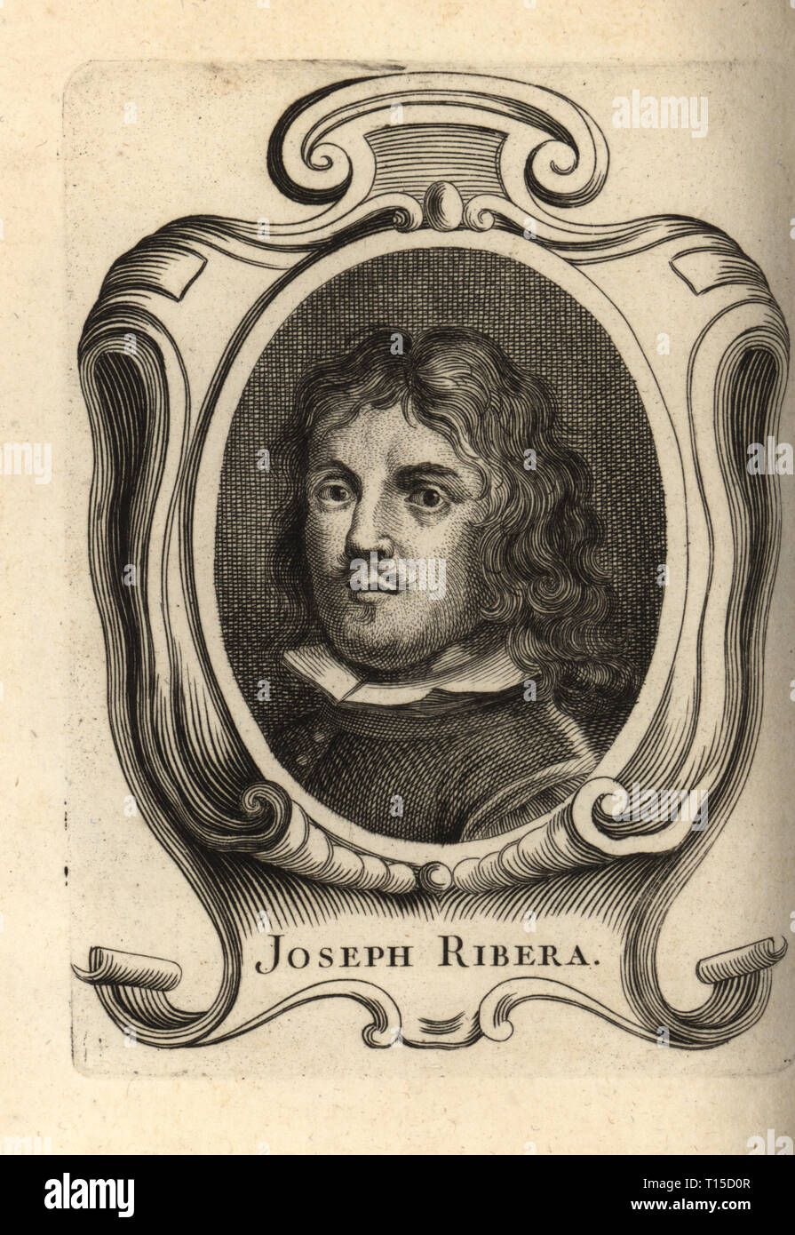 Portrait de Jusepe DE RIBERA, peintre 1591-1652 Tenebrist Spanish-Italian. Joseph Ribera. La gravure sur cuivre de Antoine-Joseph Dezallier d'Argenvilleâ€™Abrege de la vie des plus fameux peintres, vit des artistes les plus célèbres, de Bure de lâ€™Aine, Paris, 1762. Banque D'Images