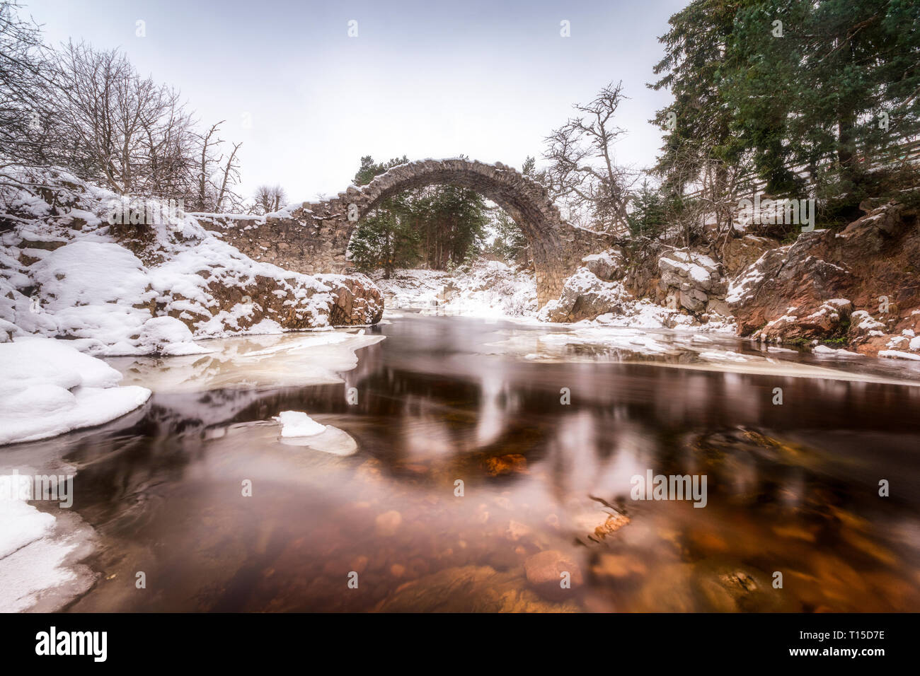 UK Ecosse, Highlands, Carrbridge, ancien Pack Horse Bridge, River Boat of Garten, neige, hiver Banque D'Images