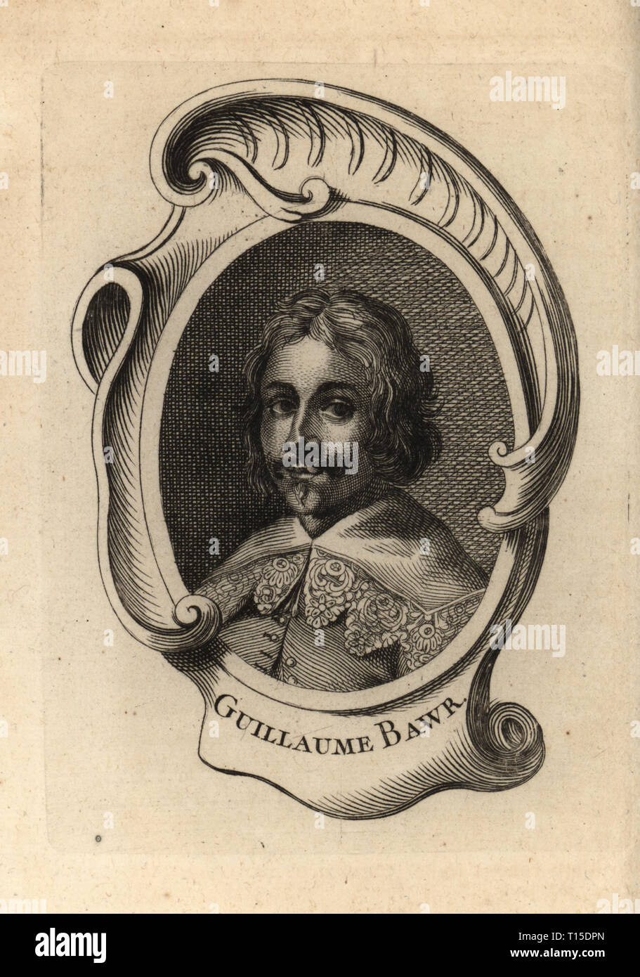 Portrait de Johann Wilhelm Baur, Allemand graveur, aquafortiste et peintre miniature 1607-1640. Guillaume Bawr. La gravure sur cuivre après un autoportrait par Baur de Antoine-Joseph Dezallier d'Argenville's Abrege de la vie des plus fameux peintres, vit des artistes les plus célèbres, de Bure de l'Aine, Paris, 1762. Banque D'Images