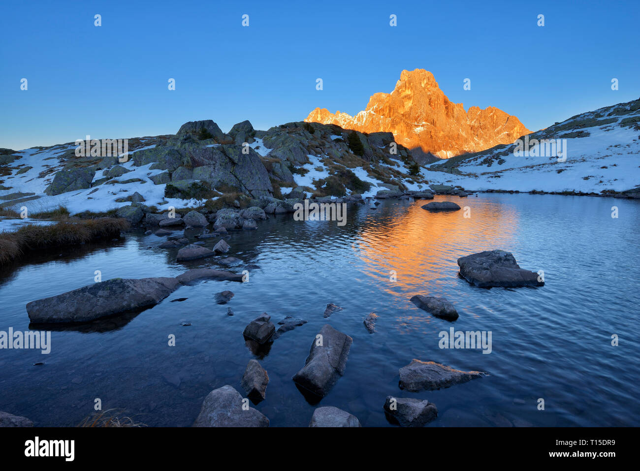 Sommet de montagne Cimon della Pala (partie de la chaîne de montagnes Pale di San Martino) dans la lumière de soleil chaud avec un petit lac. UNESCO World Heritage Site. Le CIMO Banque D'Images