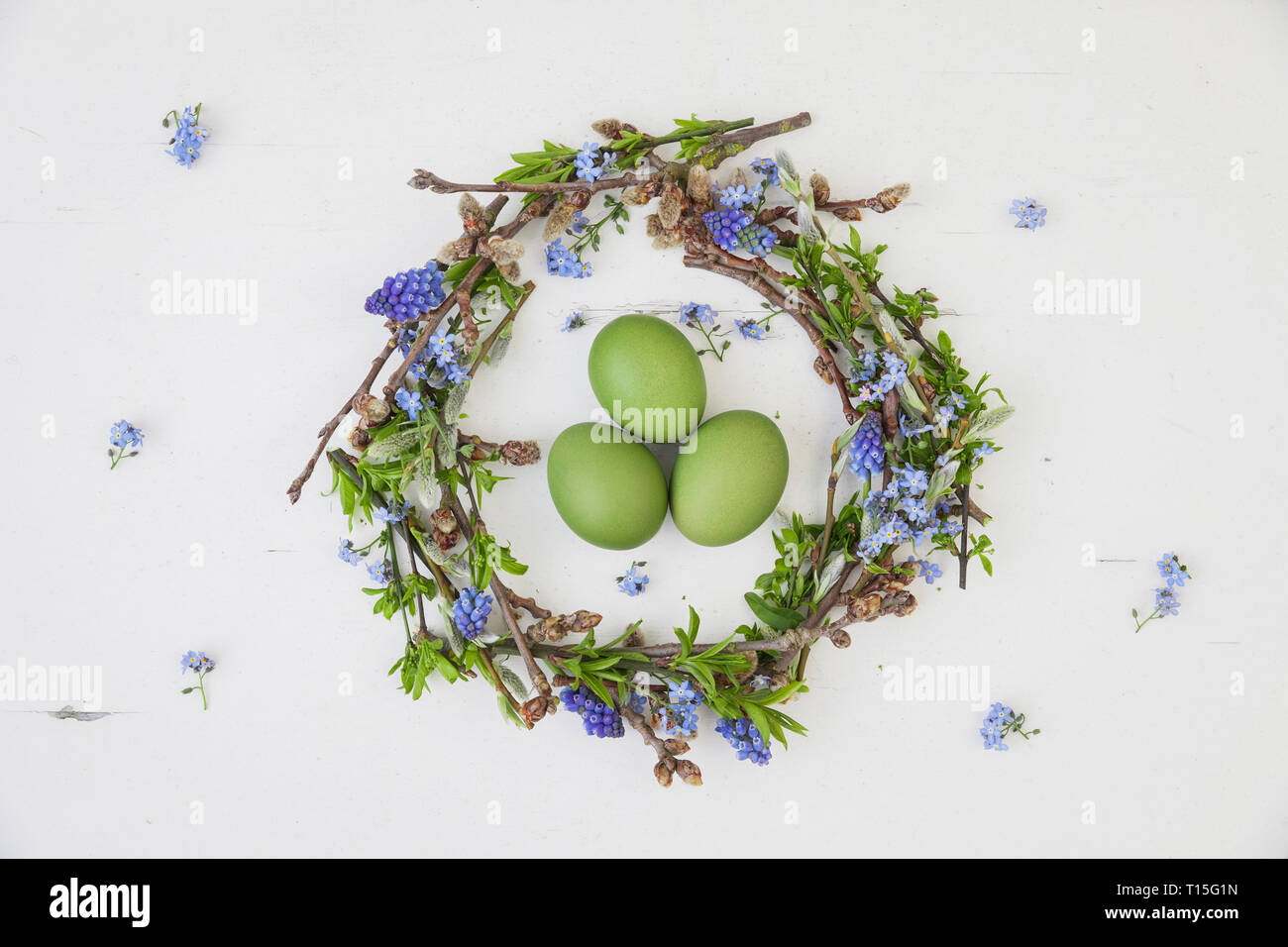 Self-made et couronne de Pâques oeufs teints en vert sur fond blanc Banque D'Images