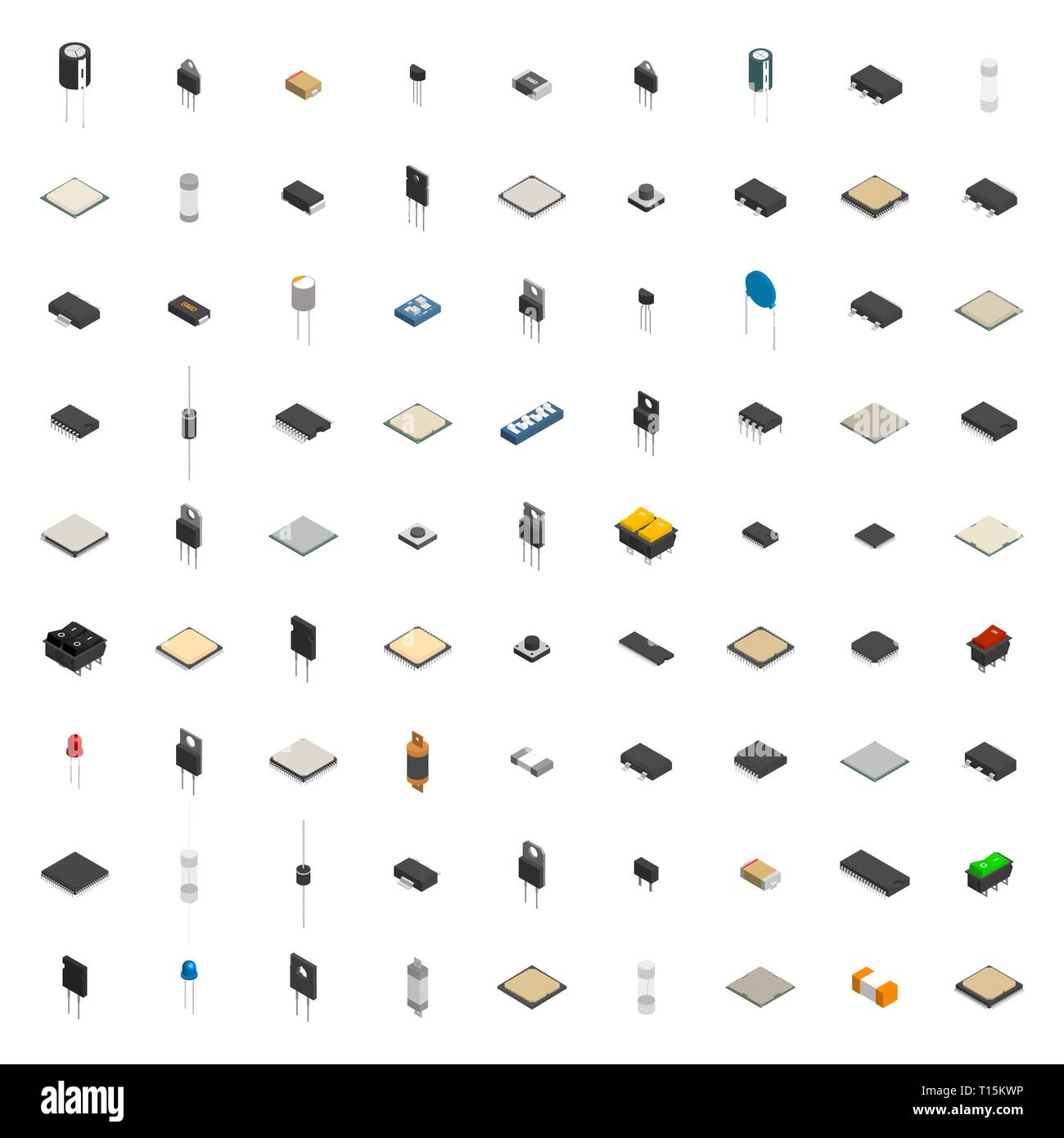 Ensemble de composants électroniques actifs et passifs isolé sur fond blanc. Télévision 3D isométrique, style vector illustration. Illustration de Vecteur