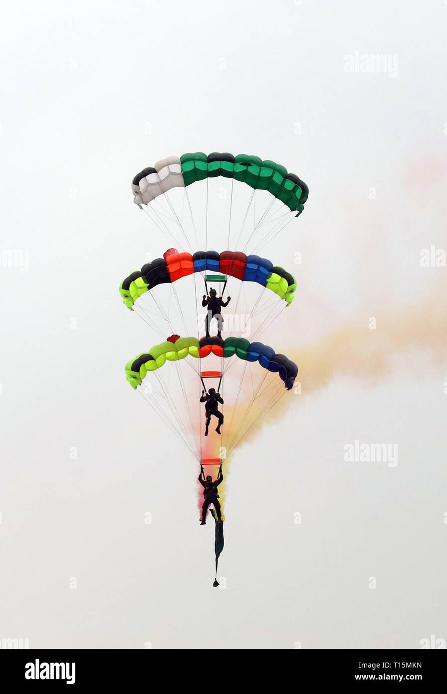 Islamabad, Pakistan. Mar 23, 2019. Les parachutistes de l'armée pakistanaise effectuer au cours d'un spectacle aérien à l'occasion de la Journée nationale du Pakistan à Islamabad, capitale du Pakistan, le 23 mars 2019. Journée nationale du Pakistan, également connu sous le nom de Pakistan résolution Jour ou Journée de la République, est célébrée chaque année le 23 mars. Credit : Ahmad Kamal/Xinhua/Alamy Live News Banque D'Images