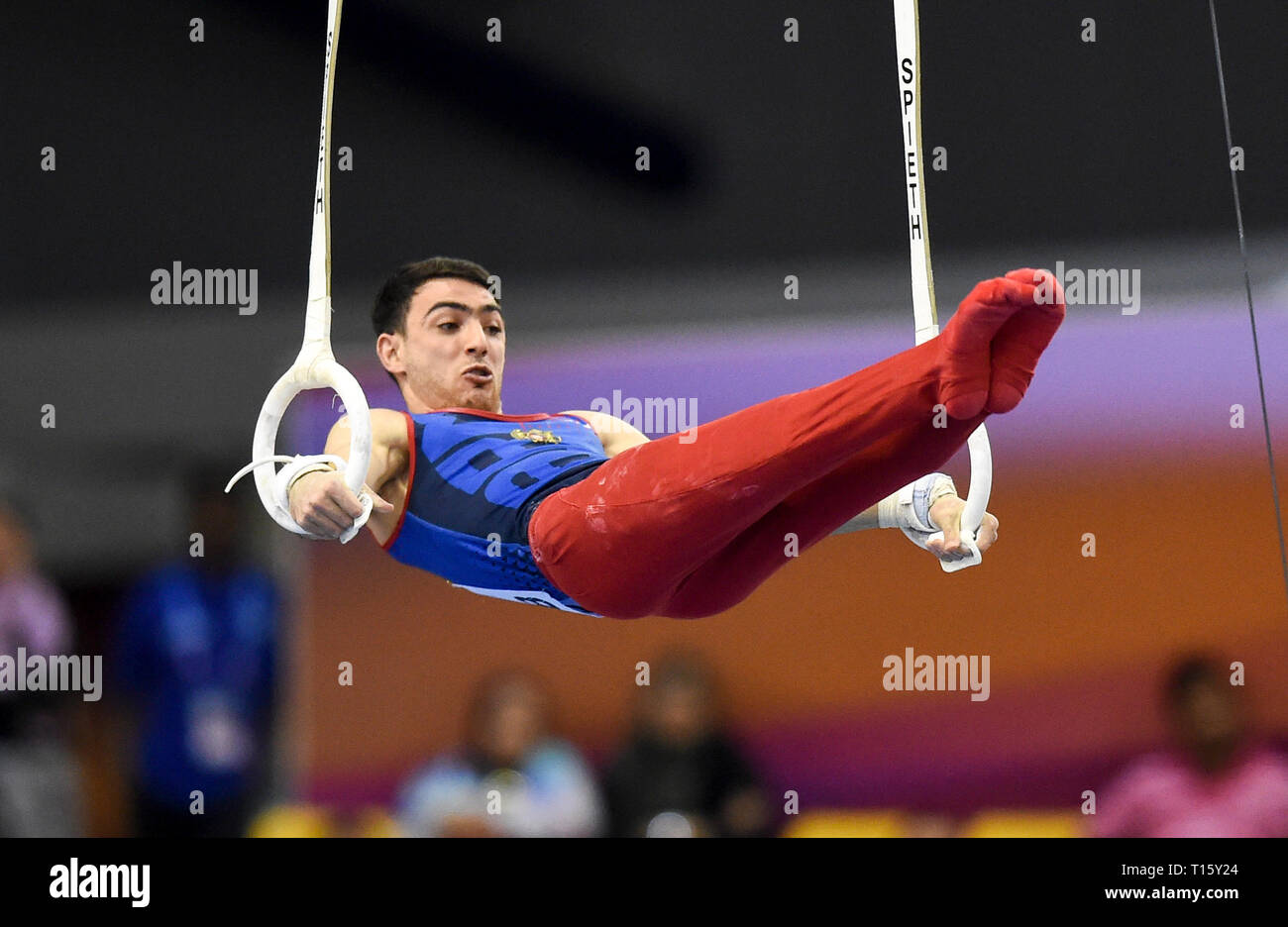 Doha, Qatar. Mar 22, 2019. Astghik Eghiazaryan Artur d'Arménie fait concurrence au cours de la finale masculine de joints toriques de la 12e Coupe du Monde de Gymnastique artistique de la FIG à Doha, Qatar, le 22 mars 2019. Credit : Nikku/Xinhua/Alamy Live News Banque D'Images