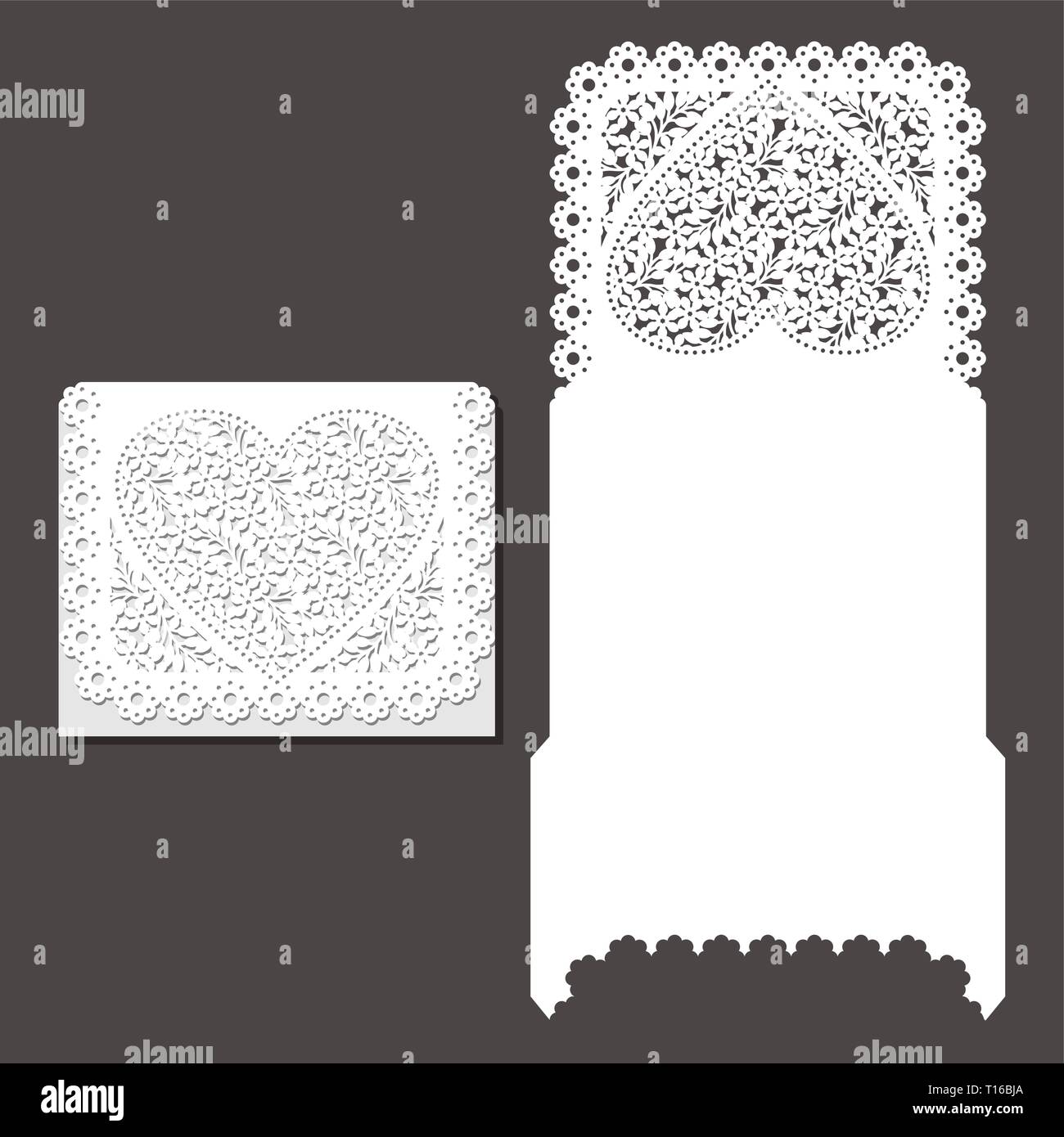 Coupe au laser modèle Enveloppe pour invitation mariage carte. Carte de vœux papier avec bordure en dentelle. Découper le gabarit pour la découpe. Illustration de Vecteur