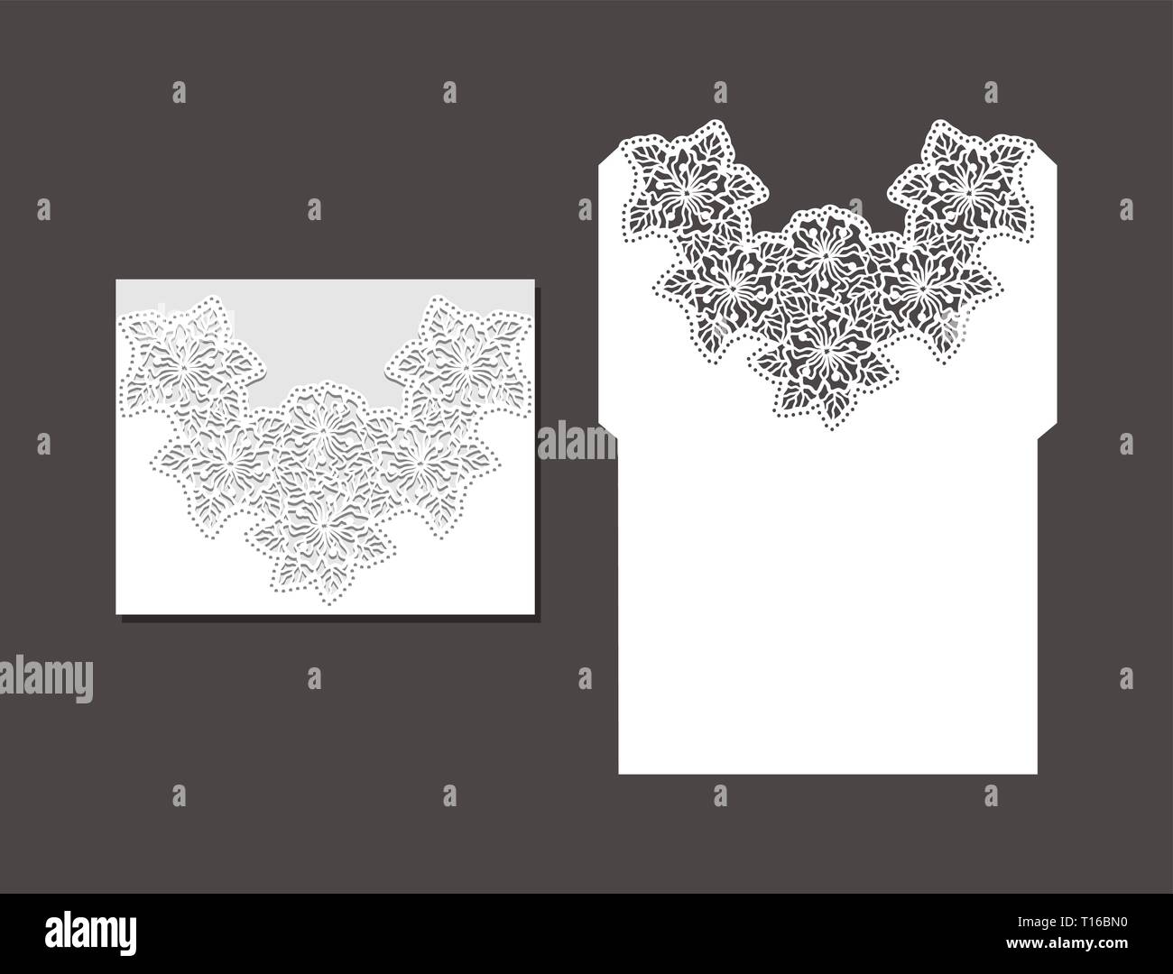 Coupe au laser modèle Enveloppe pour invitation mariage carte. Carte de vœux papier avec bordure en dentelle. Découper le gabarit pour la découpe. Illustration de Vecteur