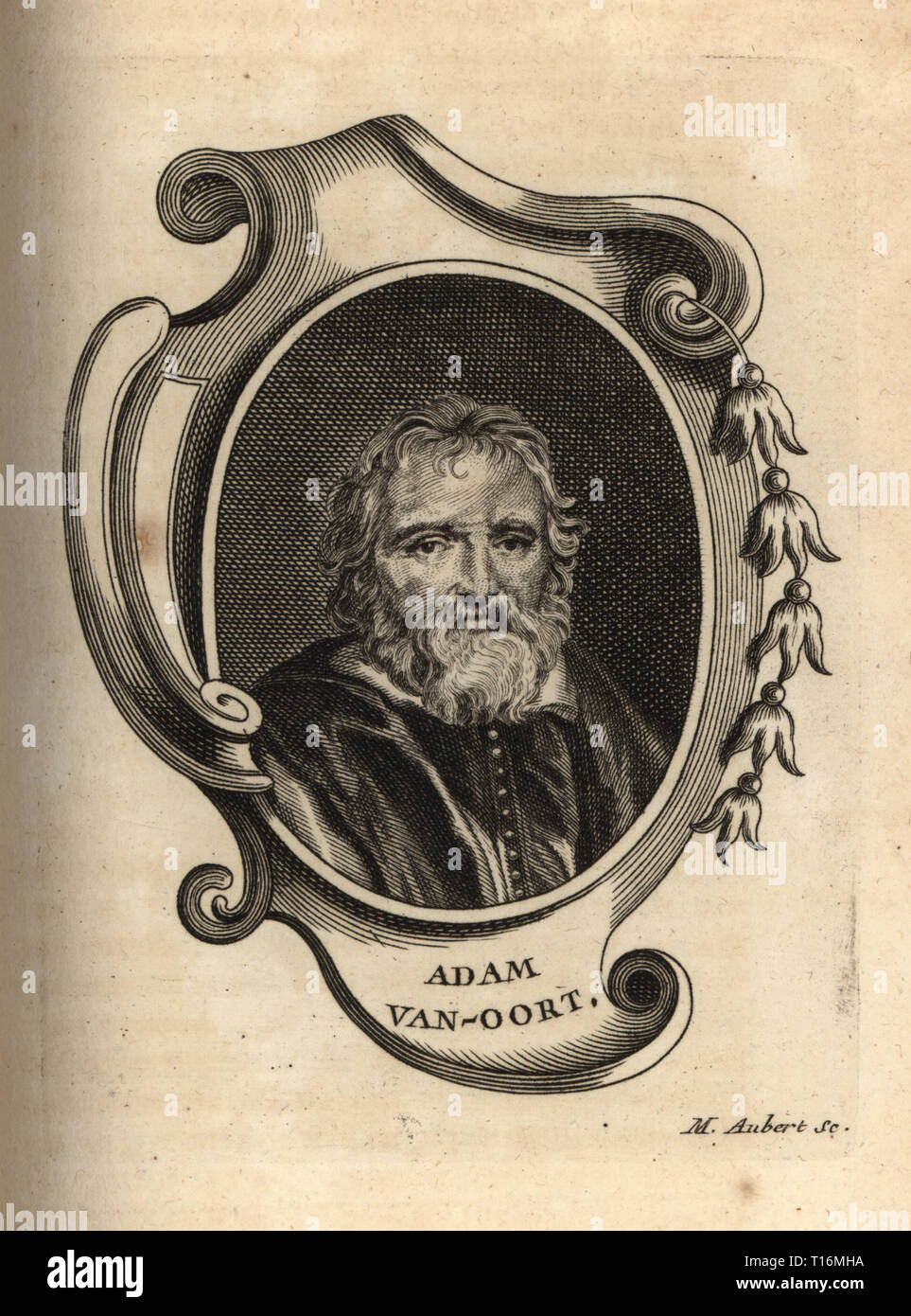 Portrait d'Adam van Noort, peintre et dessinateur Flamand 1561-1641. Van-Oort Adam. La gravure sur cuivre par M. Aubert après un portrait par Jacob Jordaens de Antoine-Joseph Dezallier d'Argenvilleâ€™Abrege de la vie des plus fameux peintres, vit des artistes les plus célèbres, de Bure de lâ€™Aine, Paris, 1762. Banque D'Images