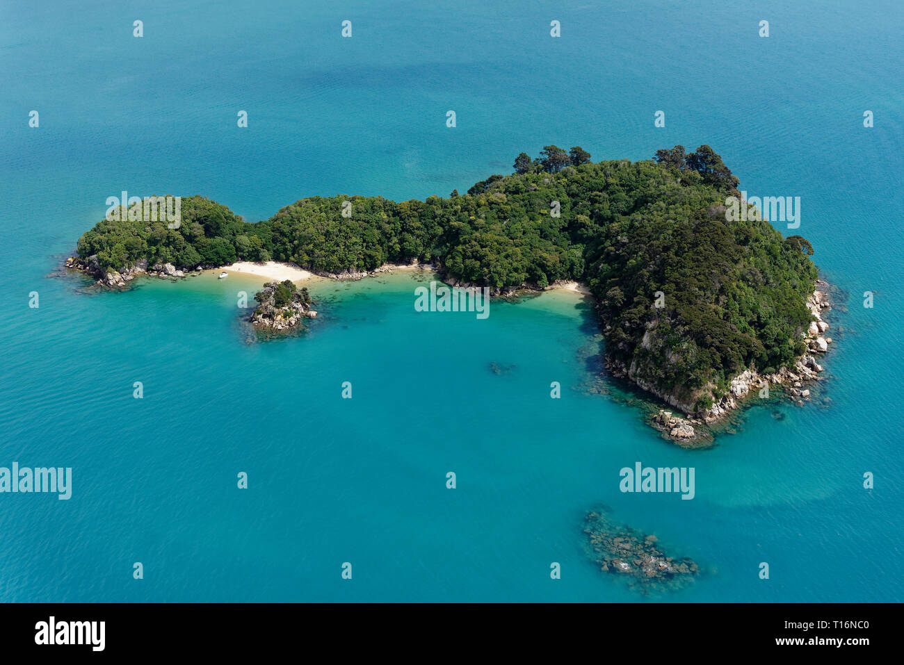 Les eaux bleu entourent l'arbre clad island au large de l'Abel Tasman Coastal Track Banque D'Images