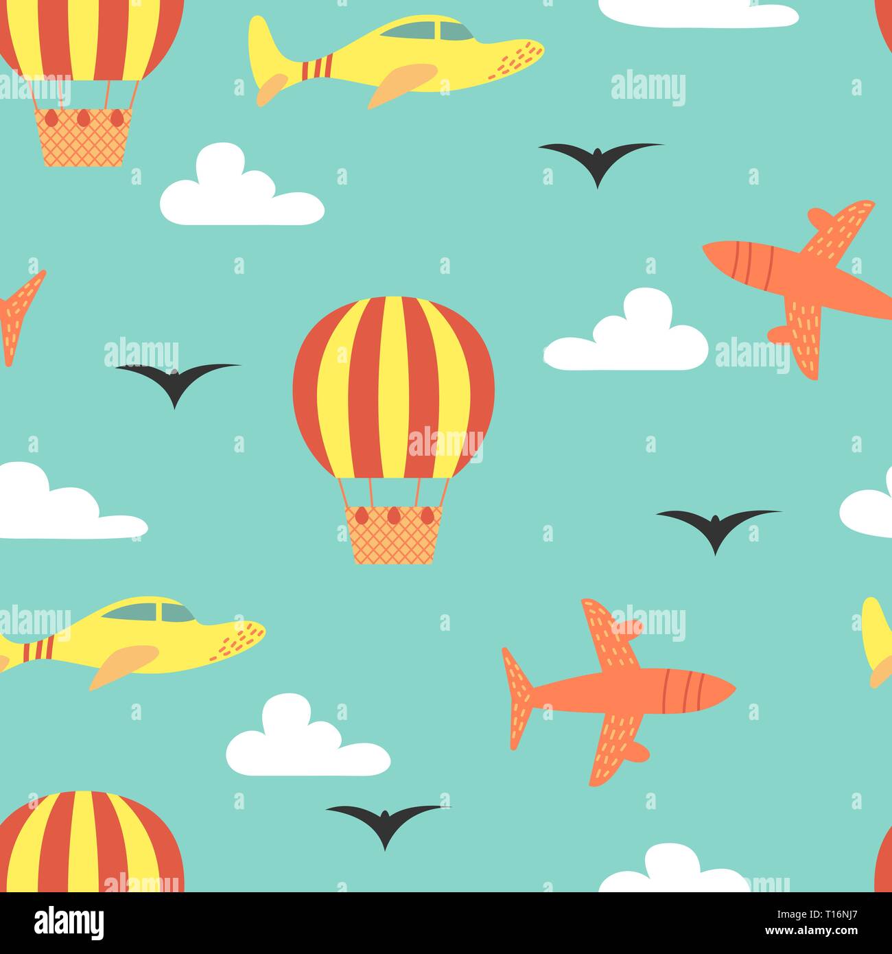 Cartoon vector seamless pattern avec avions et montgolfière. Arrière-plan lumineux design. Illustration de Vecteur