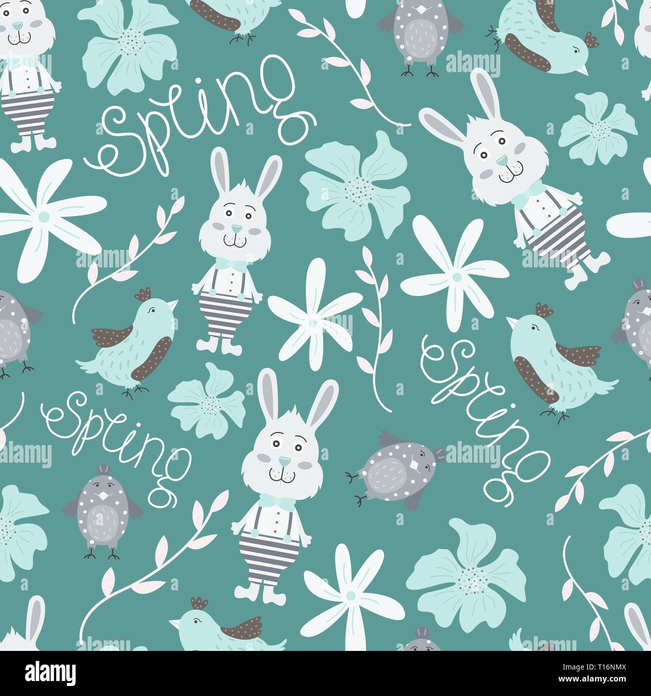 Motif transparent mignon avec des fleurs, d'oiseaux et lapins. Vector background spring. Illustration de Vecteur