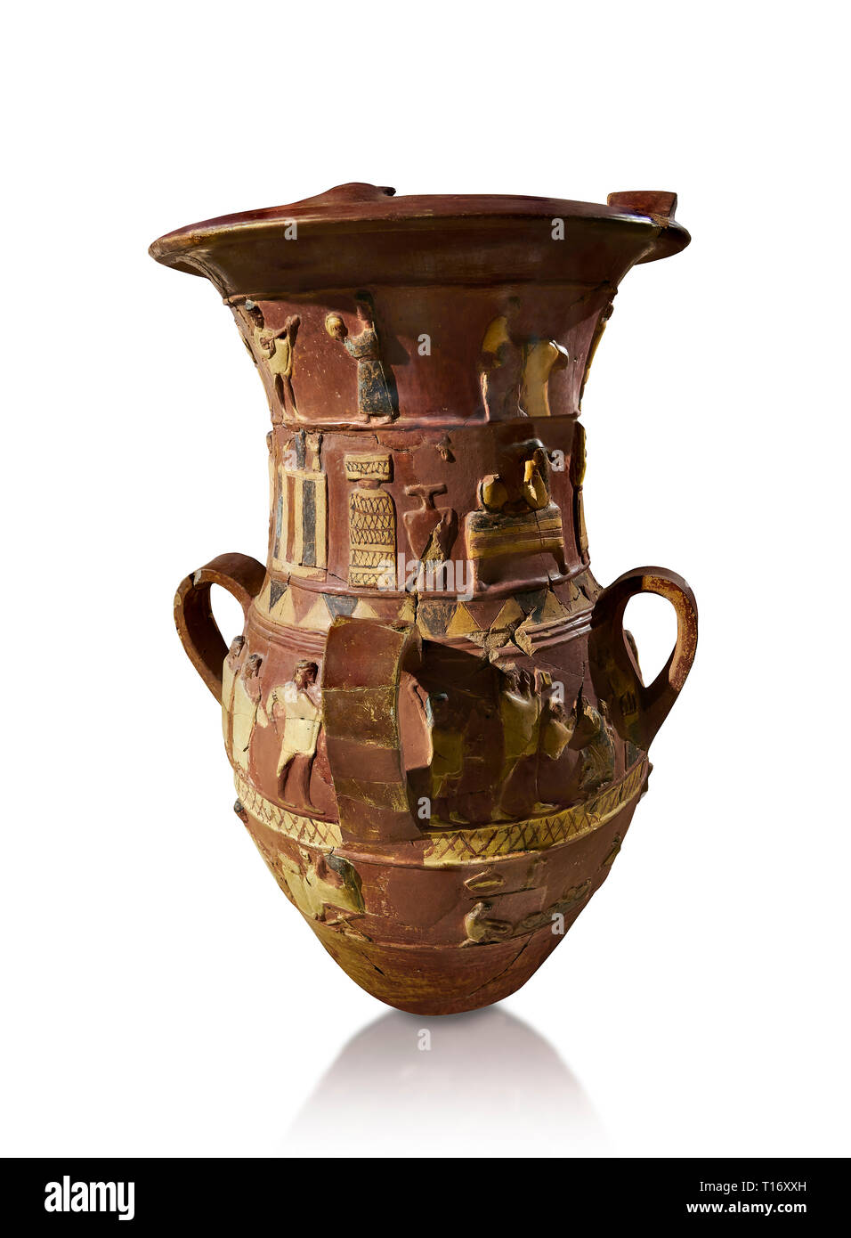 Inandik secours culte Hittite décoré de libation vase avec quatre frises décoratives avec chiffres colorés en crème, rouge et noir. Dans le regist Banque D'Images