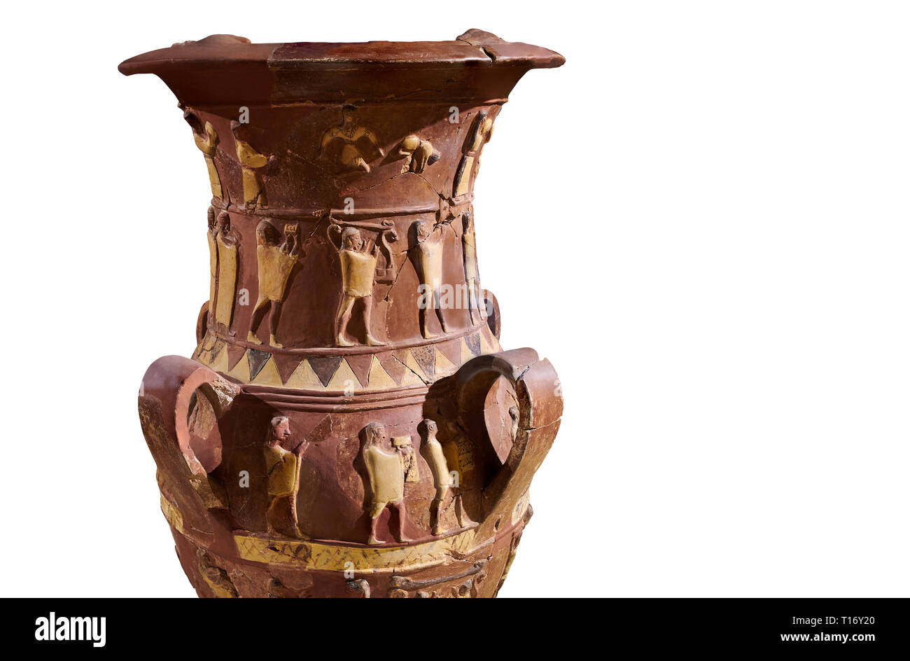 Inandik secours culte Hittite décoré de libation vase avec quatre frises décoratives avec chiffres colorés en crème, rouge et noir. La voie processionnelle Banque D'Images