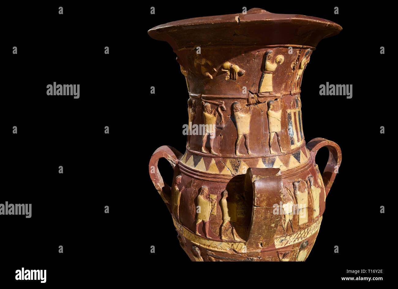 Inandik secours culte Hittite décoré de libation vase avec quatre frises décoratives avec chiffres colorés en crème, rouge et noir. La voie processionnelle Banque D'Images