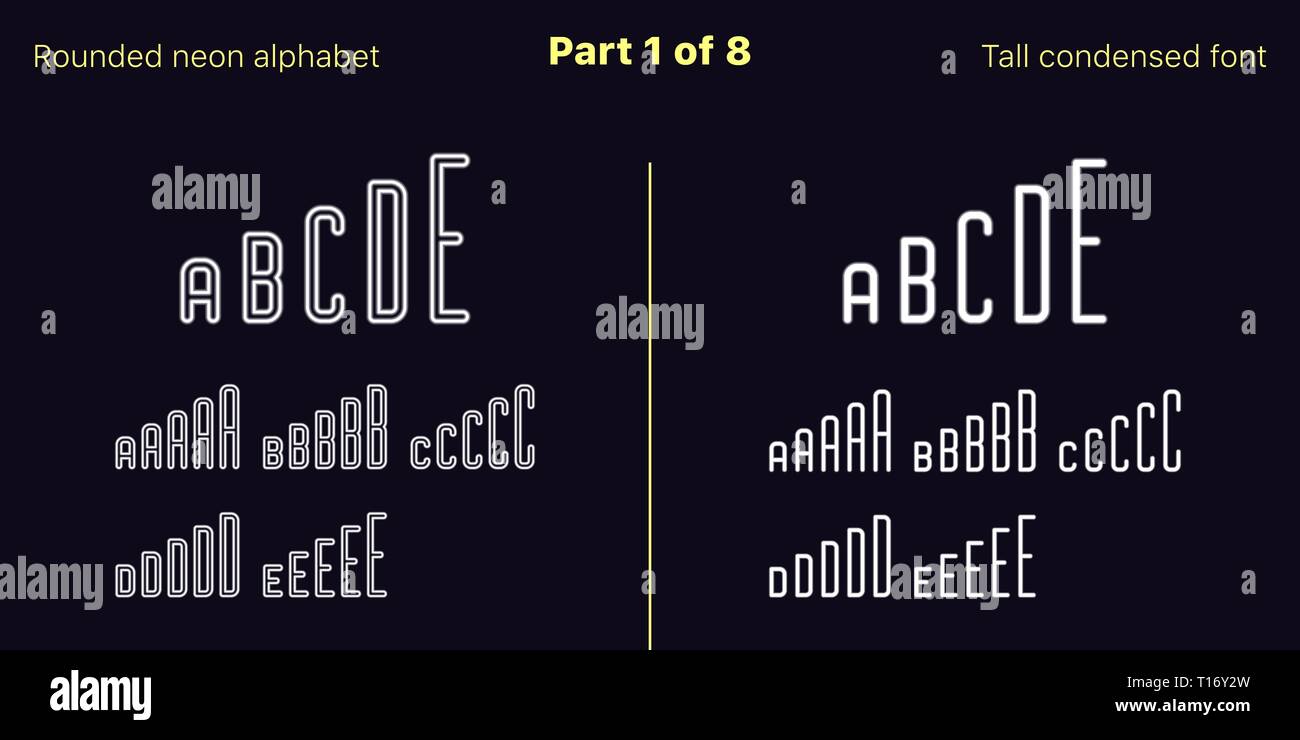 Néon blanc condensée font, arrondies. Polices vectorielles décrites et rempli de styles, partie 1 de 8. Alphabet majuscule au néon avec des lettres, des chiffres Illustration de Vecteur