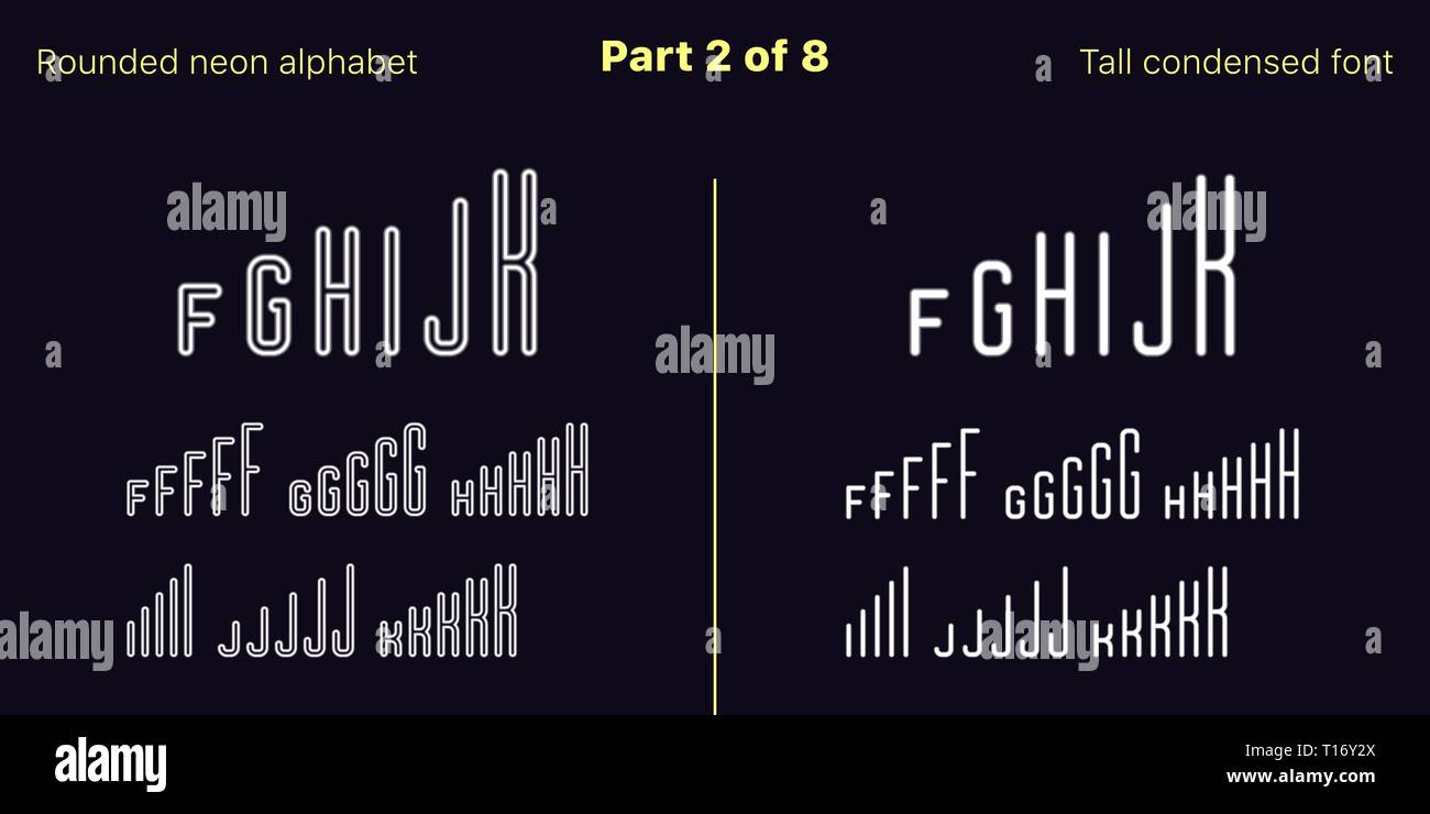 Néon blanc condensée font, arrondies. Polices vectorielles décrites et rempli de styles, partie 2 de 8. Alphabet majuscule au néon avec des lettres, des chiffres Illustration de Vecteur