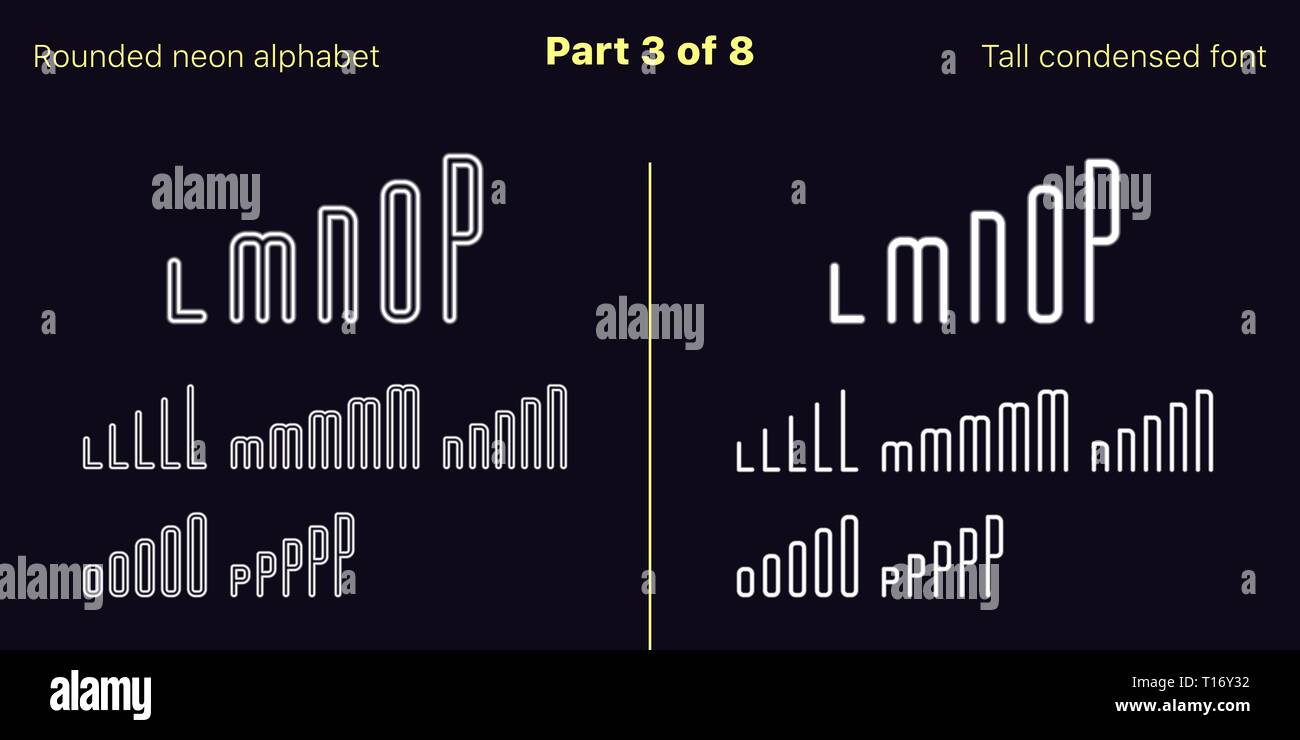 Néon blanc condensée font, arrondies. Polices vectorielles décrites et rempli de styles, partie 3 de 8. Alphabet majuscule au néon avec des lettres, des chiffres Illustration de Vecteur