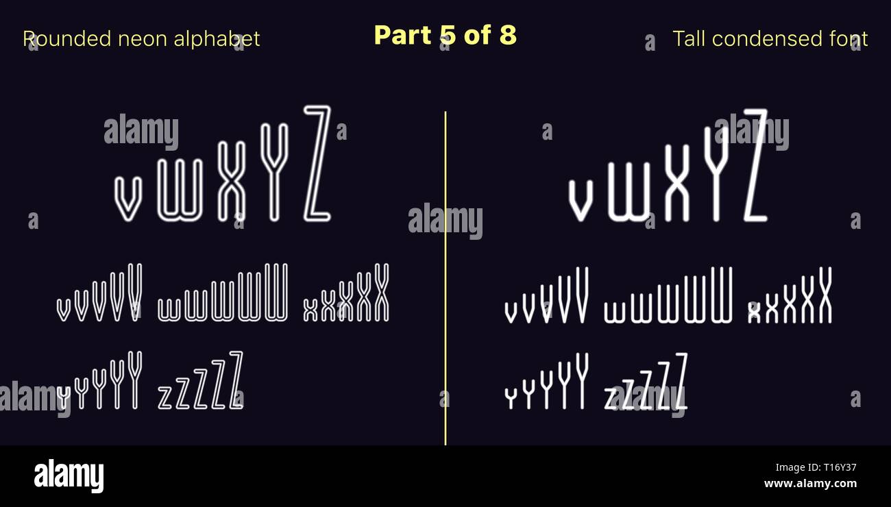 Néon blanc condensée font, arrondies. Polices vectorielles décrites et rempli de styles, partie 5 de 8. Alphabet majuscule au néon avec des lettres, des chiffres Illustration de Vecteur