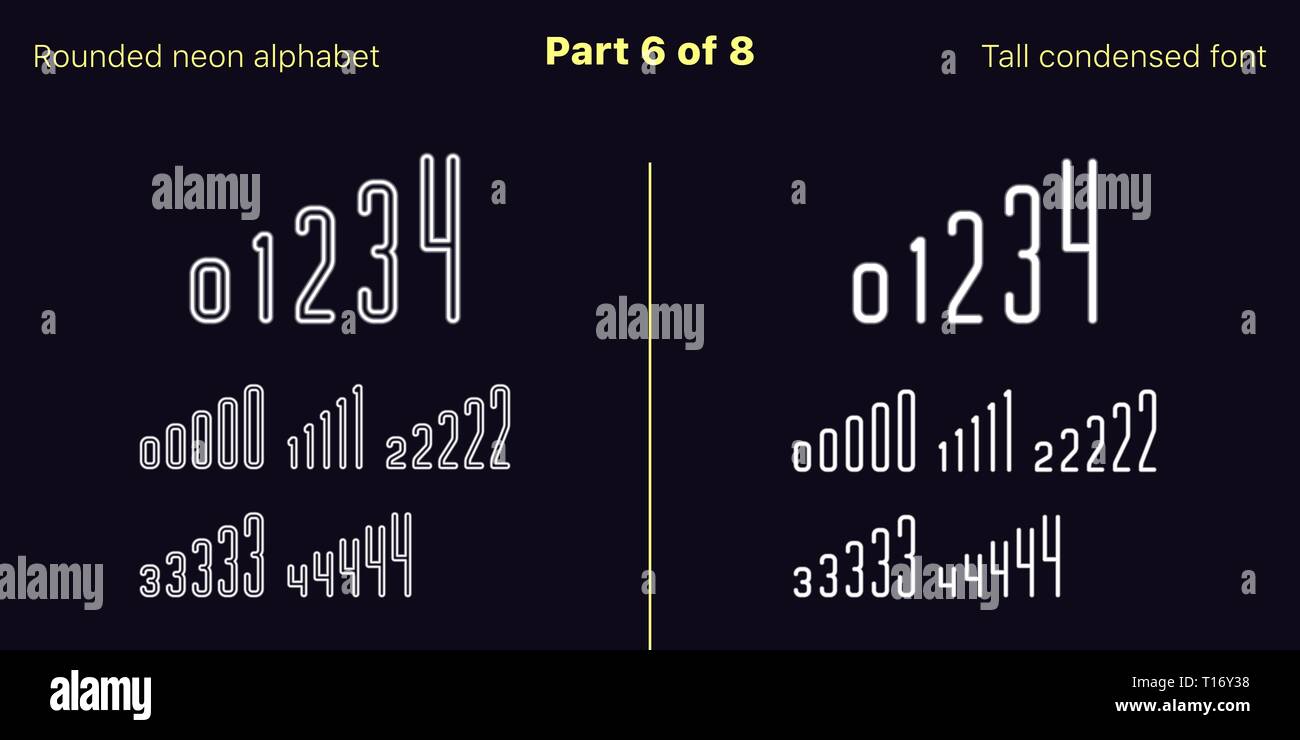 Néon blanc condensée font, arrondies. Polices vectorielles décrites et rempli de styles, partie 6 de 8. Alphabet majuscule au néon avec des lettres, des chiffres Illustration de Vecteur
