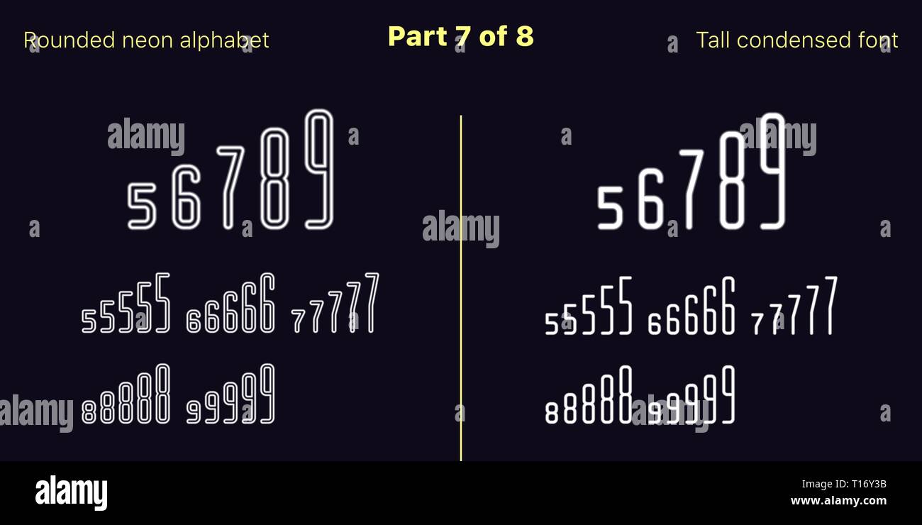 Néon blanc condensée font, arrondies. Polices vectorielles décrites et rempli de styles, partie 7 de 8. Alphabet majuscule au néon avec des lettres, des chiffres Illustration de Vecteur