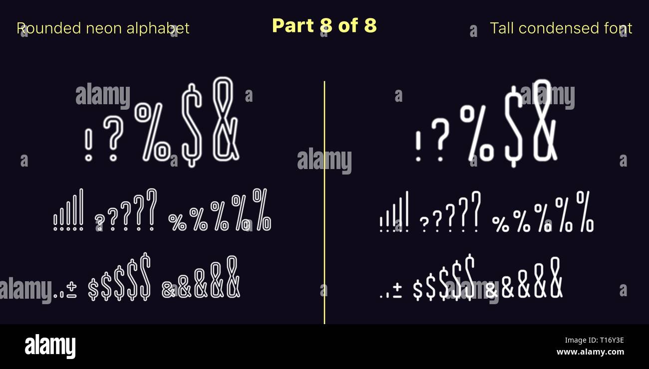 Néon blanc condensée font, arrondies. Polices vectorielles décrites et rempli de styles, de la partie 8 de 8. Alphabet majuscule au néon avec des lettres, des chiffres Illustration de Vecteur