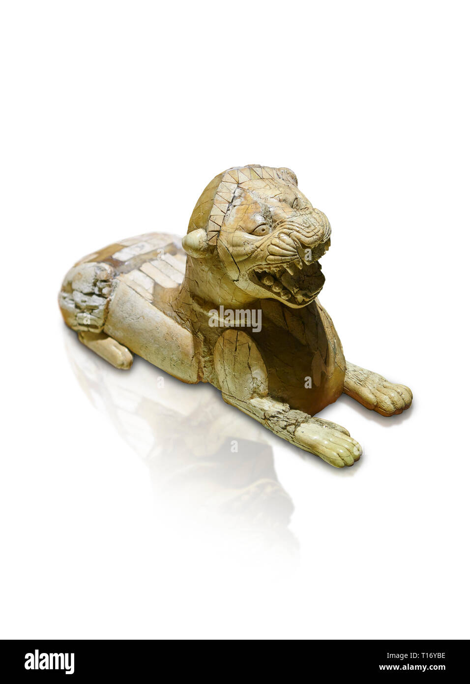 Statuette en ivoire sculpté phrygien comme un lion rugissant couché à partir d'une base de table Décoration. De Gordion. Collection phrygien, 8ème-7ème siècle avant J.-C. - Mus Banque D'Images