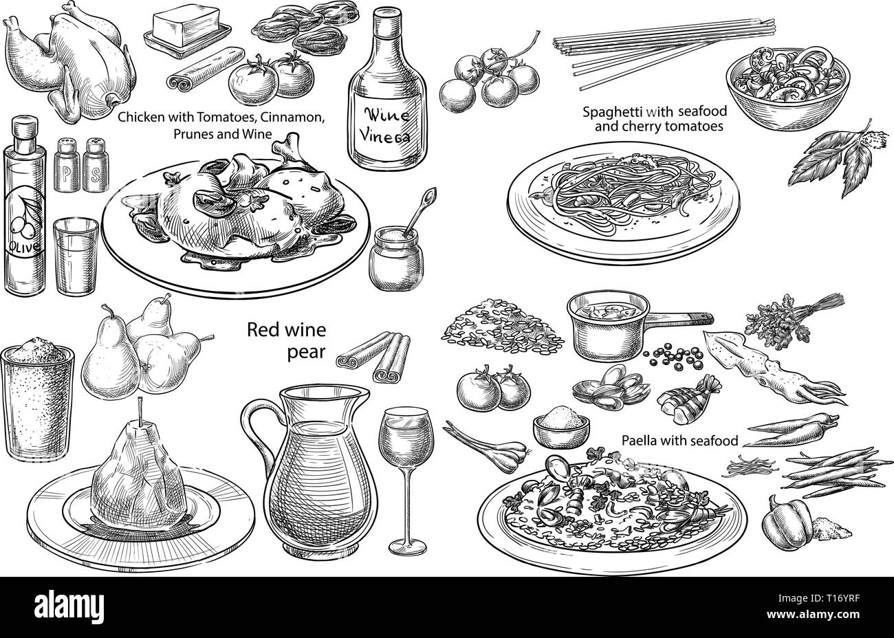 Vecteur conceptuel créatif ensemble. Croquis dessinés à la main, différents plats méditerranéens pâtes, poulet et fruits de mer Légumes vin illustration, gravure, encre, l Illustration de Vecteur