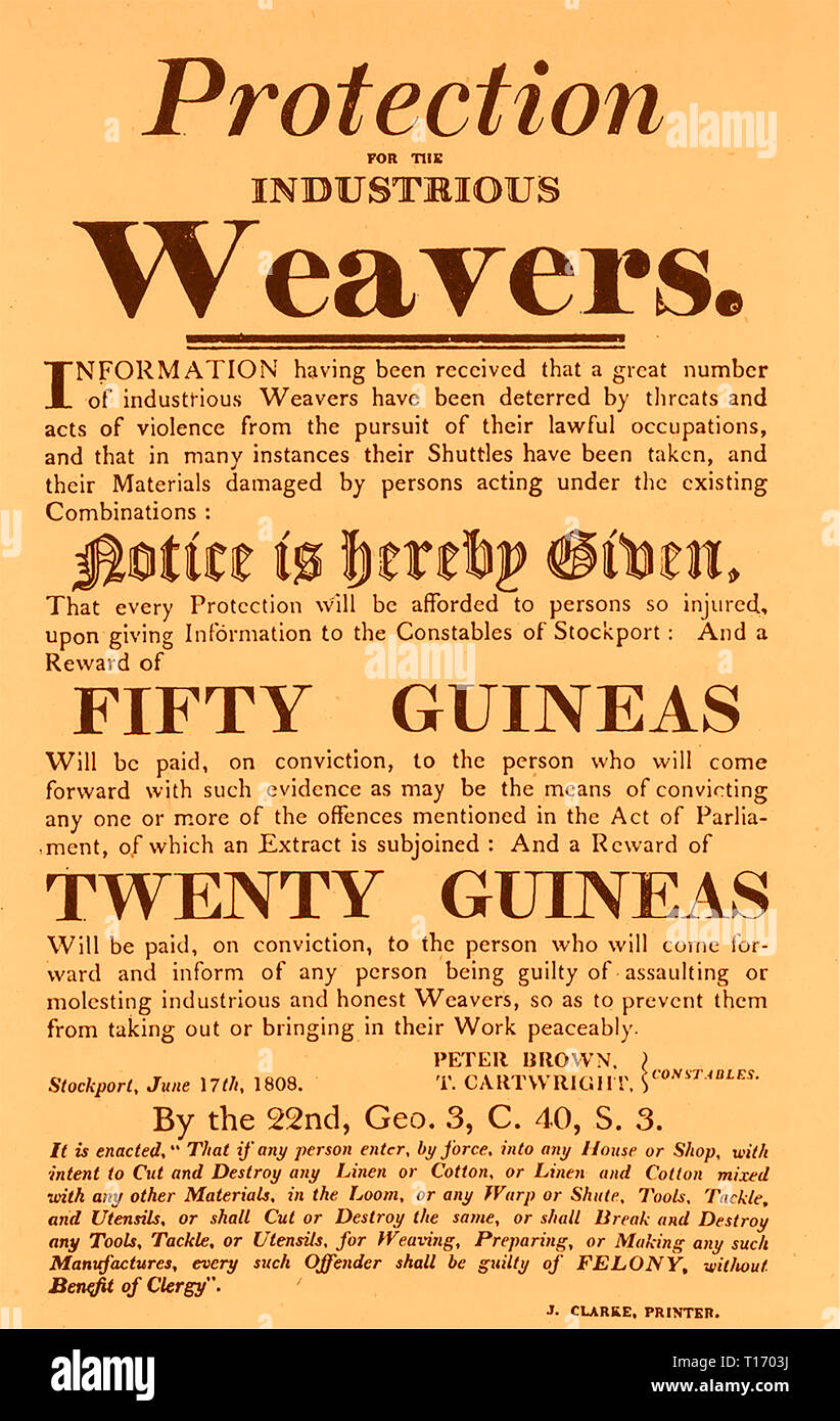 1800 Loi sur la combinaison, au Royaume-Uni. Pour la "Protection des tisseurs industrieux - un local afin de protéger les travailleurs de l'usine à Stockport et à prévenir la destruction de métiers (précurseurs des Luddites) - brise-Machine a été criminalisé par le Parlement en 1721, la mort a été plus tard (transport, pénal, de l'exécution) Banque D'Images