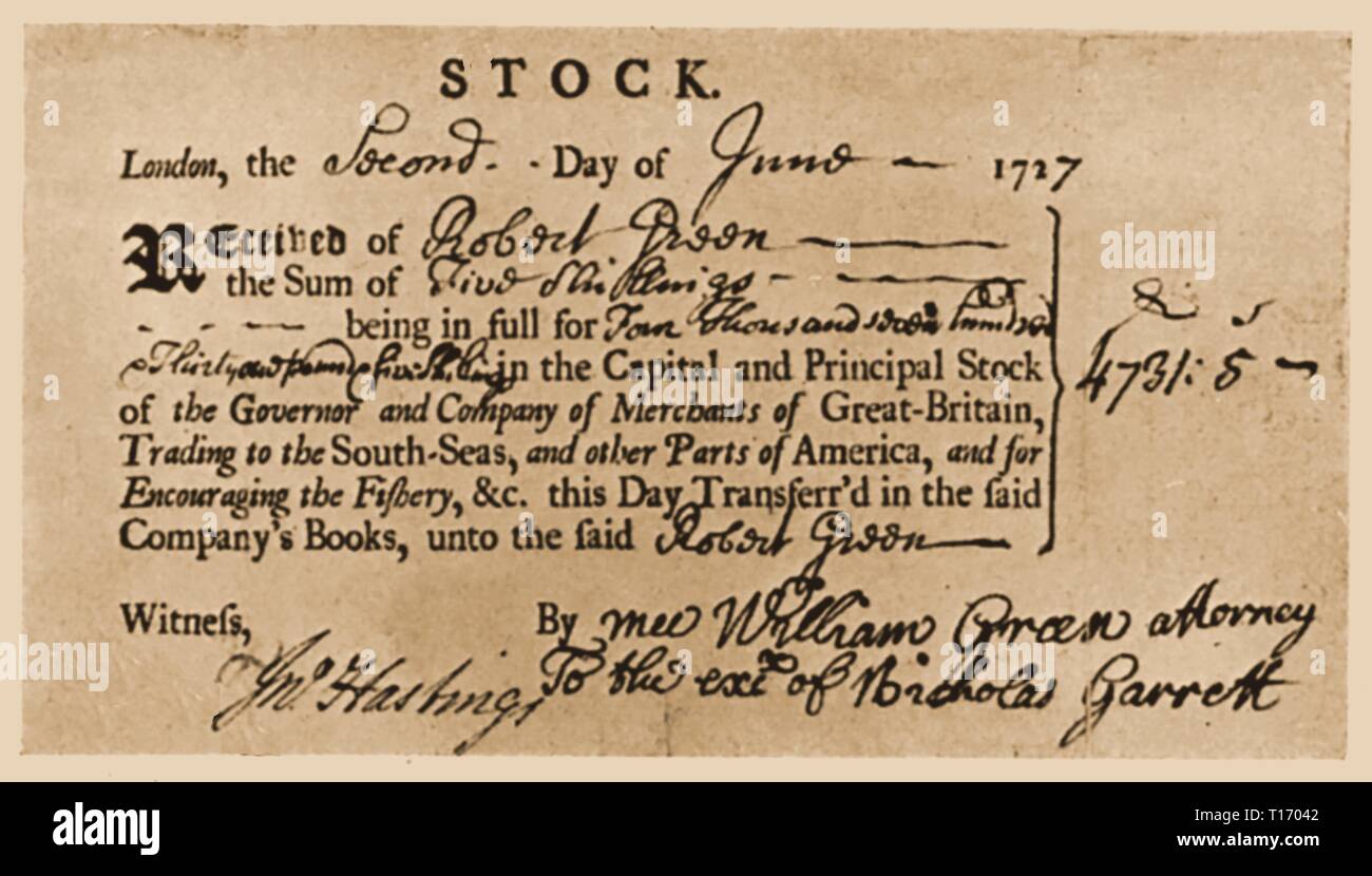 1727 Réception d'investissement dans les mer du Sud pour l'entreprise d'actions de marchands de Grande-Bretagne - South Sea Company (South Sea Bubble) - nom complet "Le gouverneur et la compagnie de marchands de Grande-Bretagne d'émission pour les mers du Sud, et d'autres parties de l'Amérique, et pour encourager la pêche'. Banque D'Images