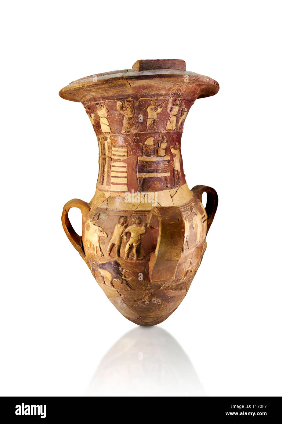 Hüseyindede vases, ancien navire de secours Polychrome Hittite représentant une procession de musiciens et danseurs, ox, taureaux et de chariot, autel sacrificiel 16e c Banque D'Images