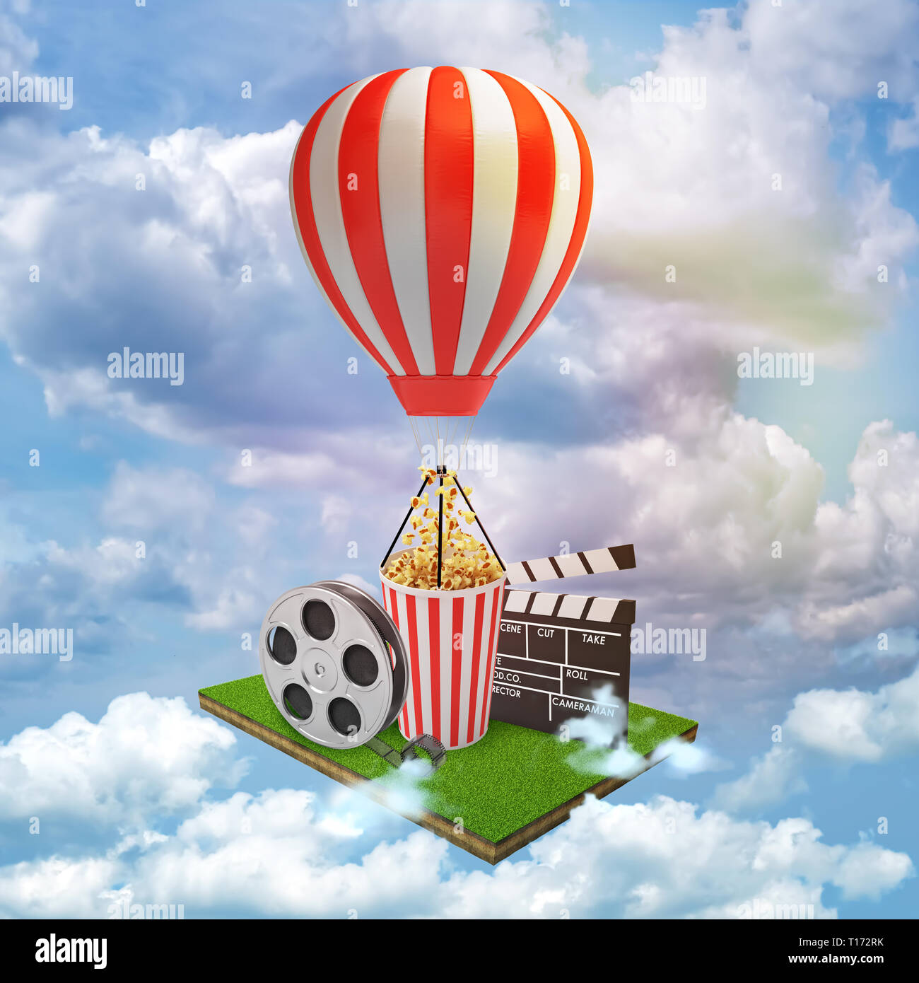 Le rendu 3D film de clap board, bande de film, avec un seau de maîs éclaté rouge blanc hot air balloon sur ciel bleu nuages blancs de fond Banque D'Images
