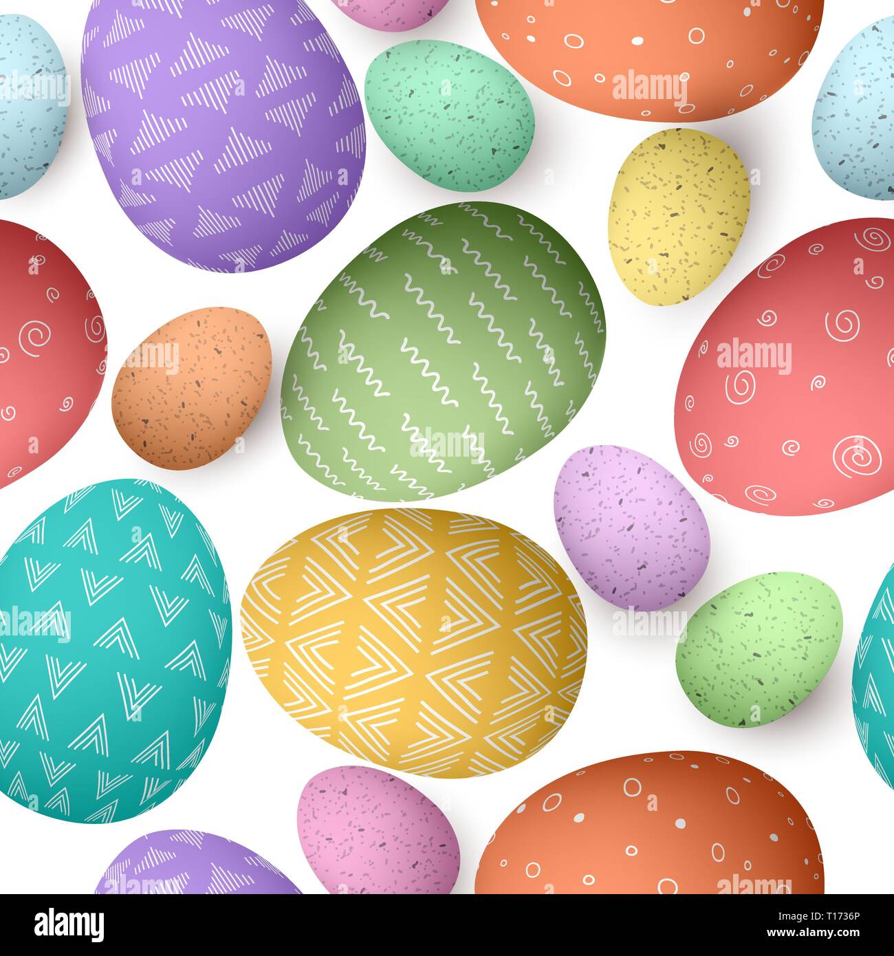 Ornée de couleurs joyeuses Pâques oeufs petits et grands modèle transparente . Ensemble d'oeufs de Pâques avec différentes textures simples on white Illustration de Vecteur