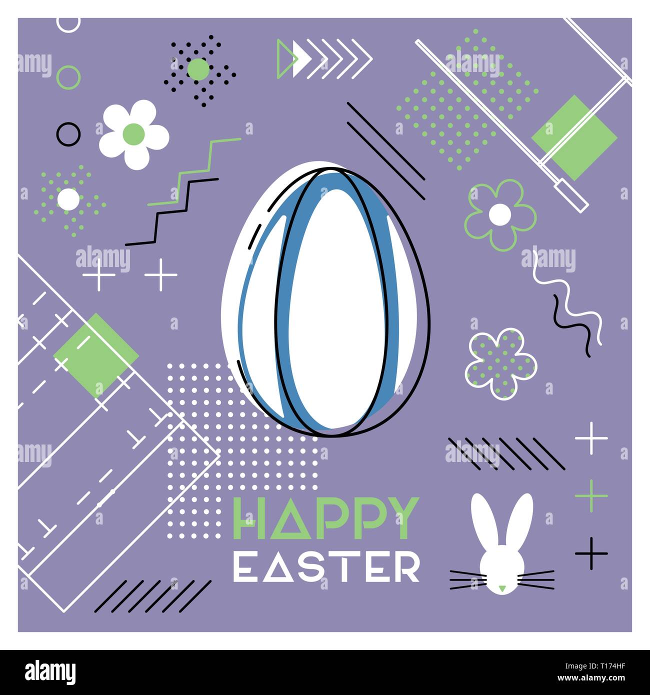 Joyeuses Pâques. Carte de souhaits avec œuf de Pâques comme un ballon de rugby. Résumé Memphis design. Vector illustration. Illustration de Vecteur