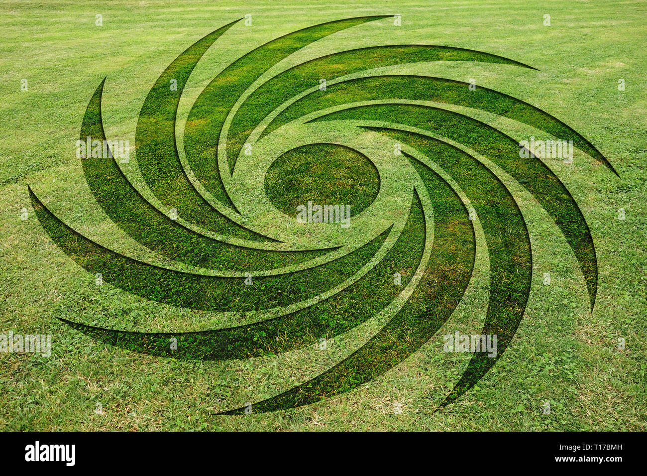 Symboles spirales concentriques faux crop circle dans le pré Banque D'Images