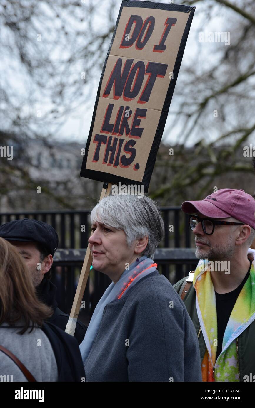 Londres, Royaume-Uni, 23 mars 2019. Une femme est titulaire d'une affiche de la marche contre l'Brexit & à l'appui d'un second référendum sur l'adhésion à l'UE Banque D'Images