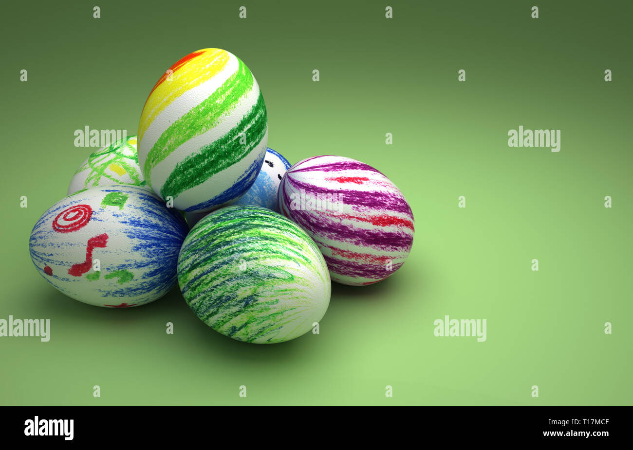 Les oeufs de Pâques colorés sur fond vert Banque D'Images