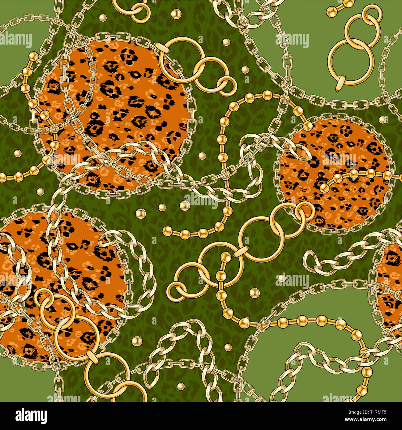 Modèle transparent vert avec chaîne d'or sur la peau animale contexte pour le tissu. Répéter la mode leopard print. Illustration de Vecteur