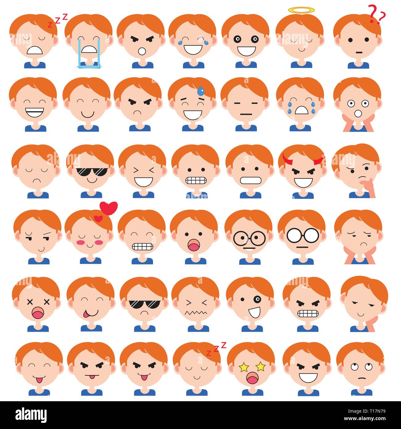Illustration de cute boy visages montrant différentes émotions. Joie, tristesse, colère, parler, drôles, de peur, de sourire. Illustration isolé sur fond blanc Illustration de Vecteur