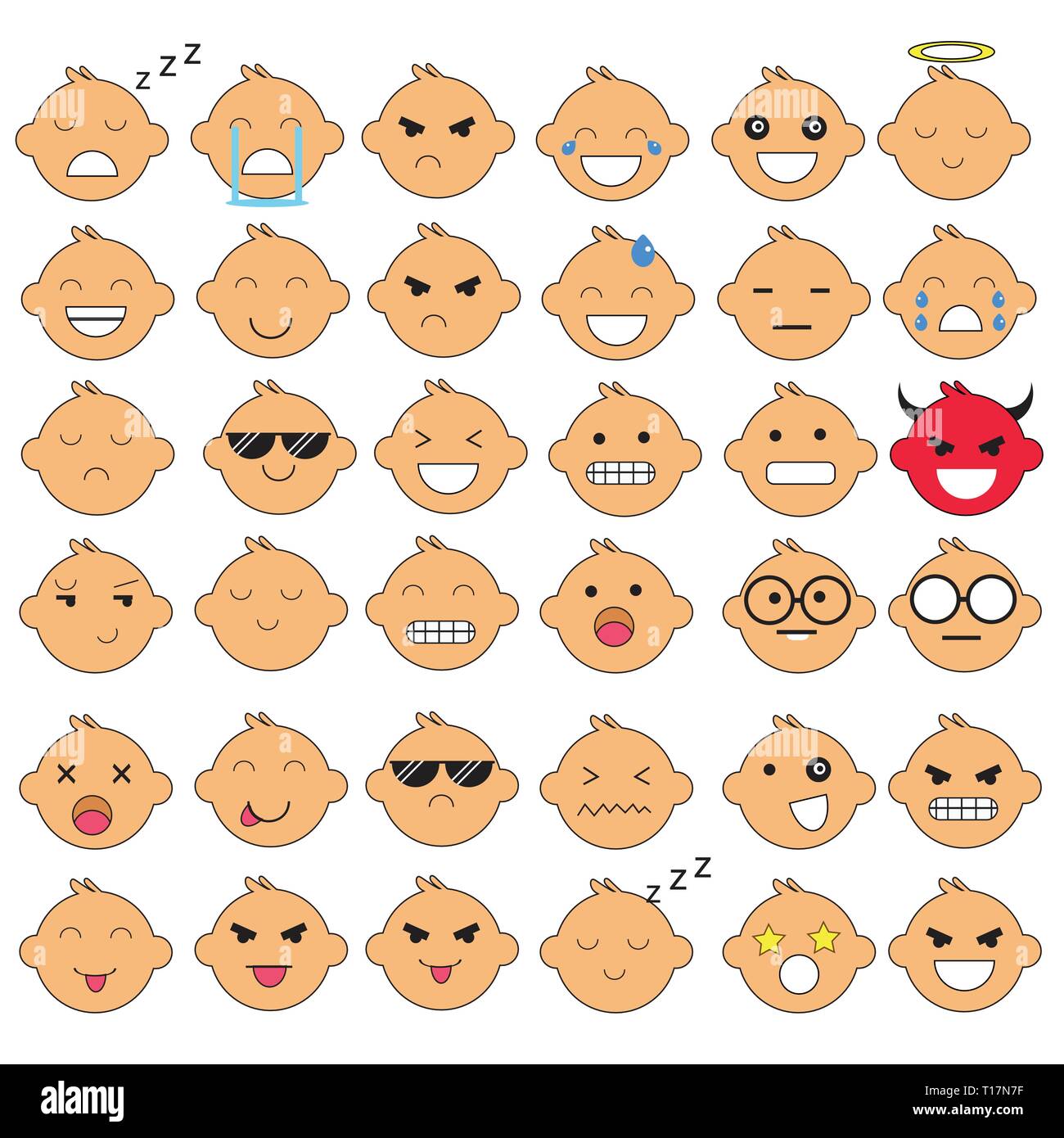 Illustration de mignon bébé visages montrant différentes émotions. Joie, tristesse, colère, parler, drôles, de peur, de sourire. Illustration isolé sur blanc backgroun Illustration de Vecteur