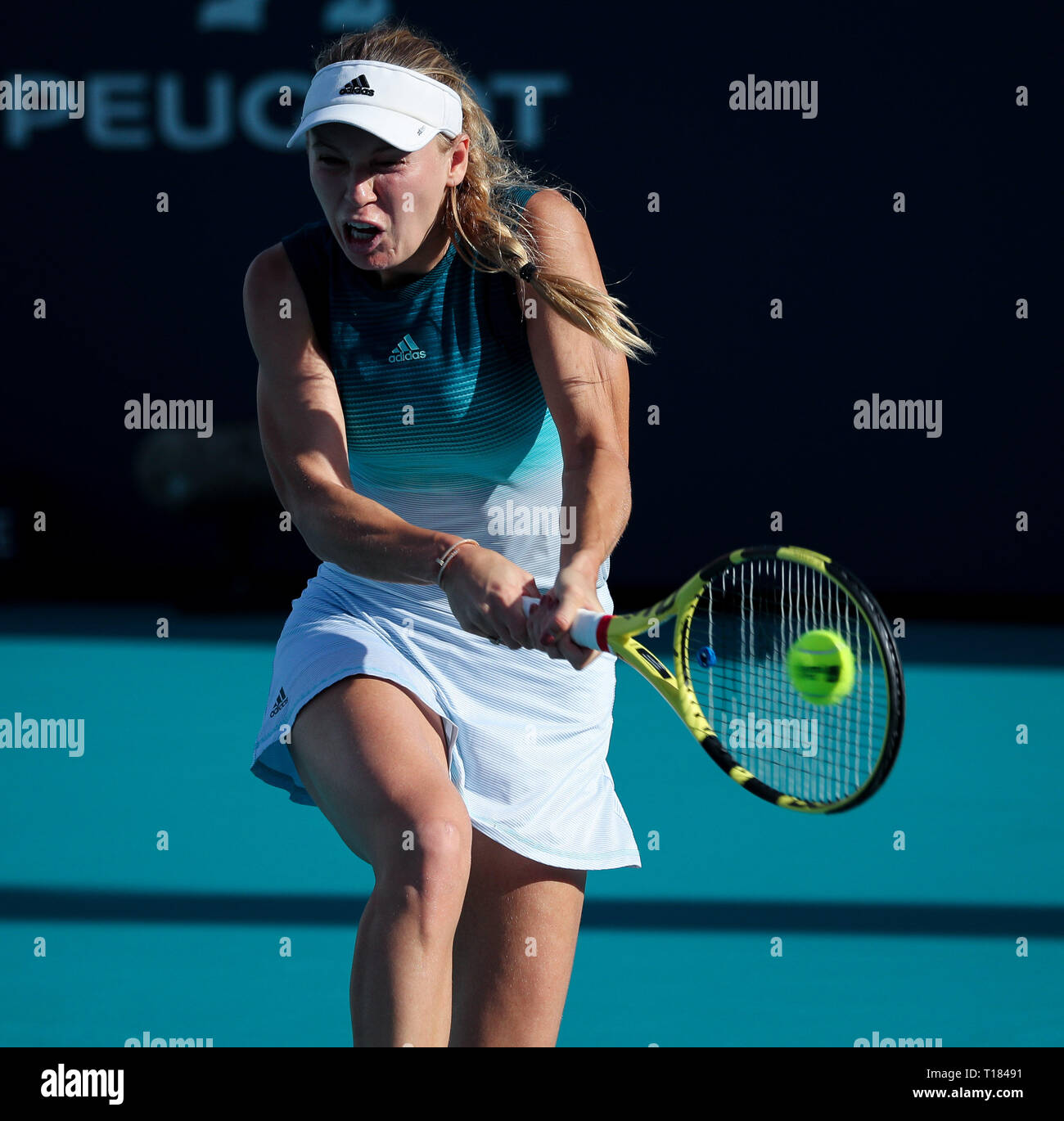 Miami Gardens, Florida, USA. Mar 23, 2019. Caroline Wozniacki, du Danemark, frappe un revers contre Monica Niculescu, de la Roumanie, au cours d'un deuxième tour à l'Open de Miami 2019 présenté par le tournoi de tennis professionnel Itau, joué au Hardrock Stadium de Miami Gardens, Florida, USA. Mario Houben/CSM/Alamy Live News Banque D'Images