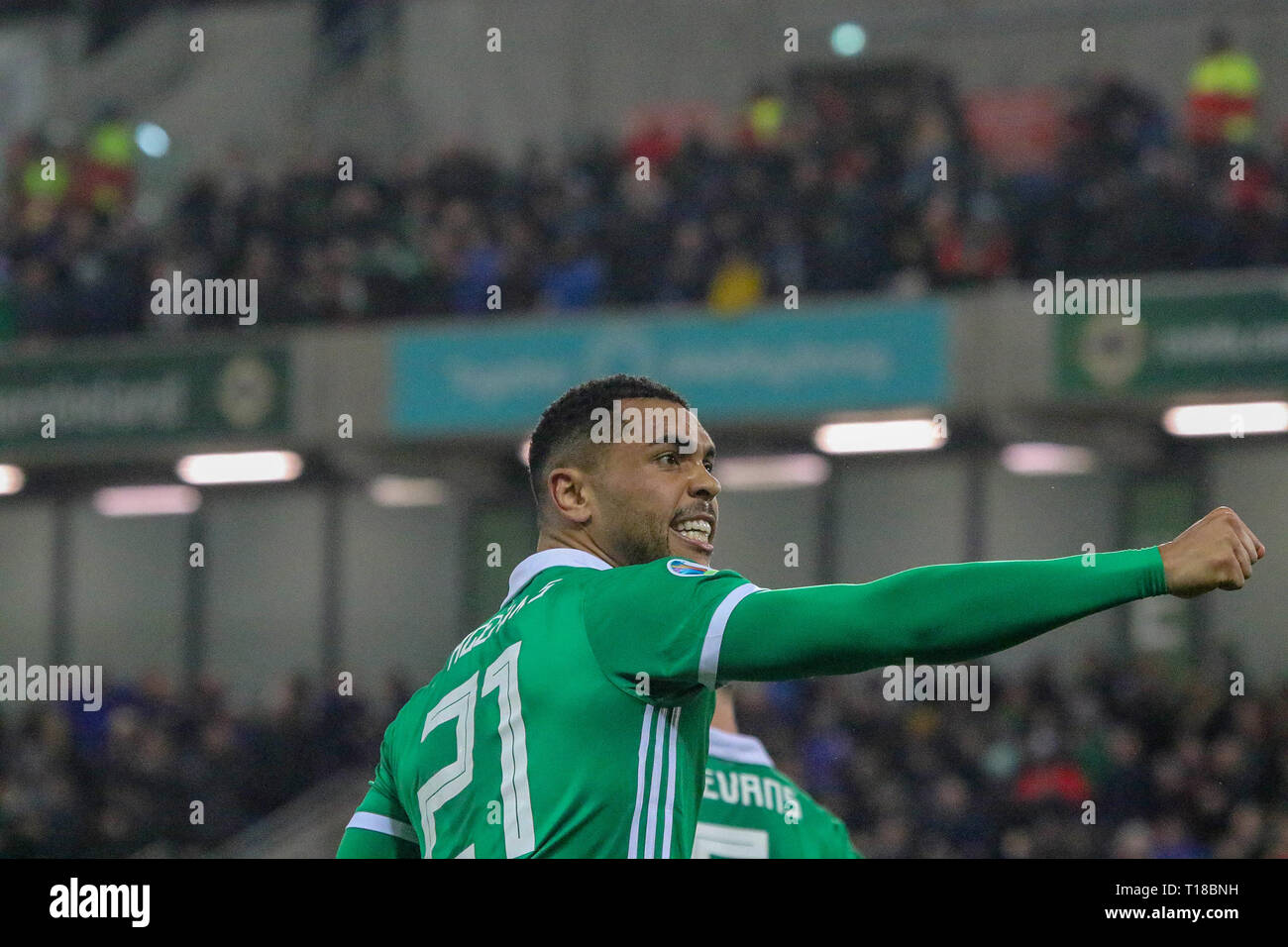 Stade national de football à Windsor Park, Belfast, Irlande du Nord. 24 mars 2019. UEFA EURO 2020 - Qualification d'Irlande du Nord / Belarus. Action de sessions de jeu. Josh Magennis célèbre son gagnant pour l'Irlande du Nord. Crédit : David Hunter/Alamy Live News. Banque D'Images