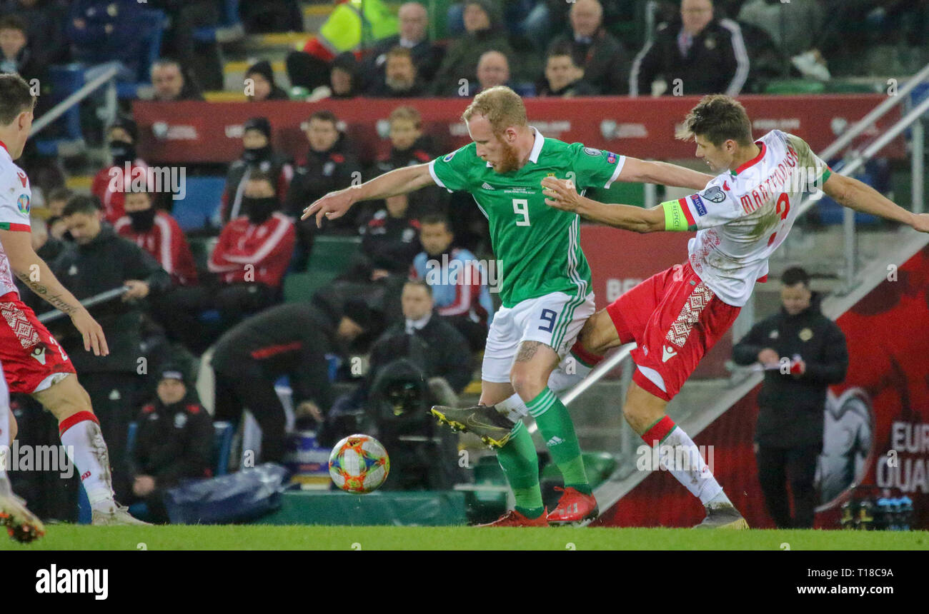 Stade national de football à Windsor Park, Belfast, Irlande du Nord. 24 mars 2019. UEFA EURO 2020 - Qualification d'Irlande du Nord / Belarus. Action de sessions de jeu. Liam Boyce (9) en action pour l'Irlande du Nord. Crédit : David Hunter/Alamy Live News. Banque D'Images