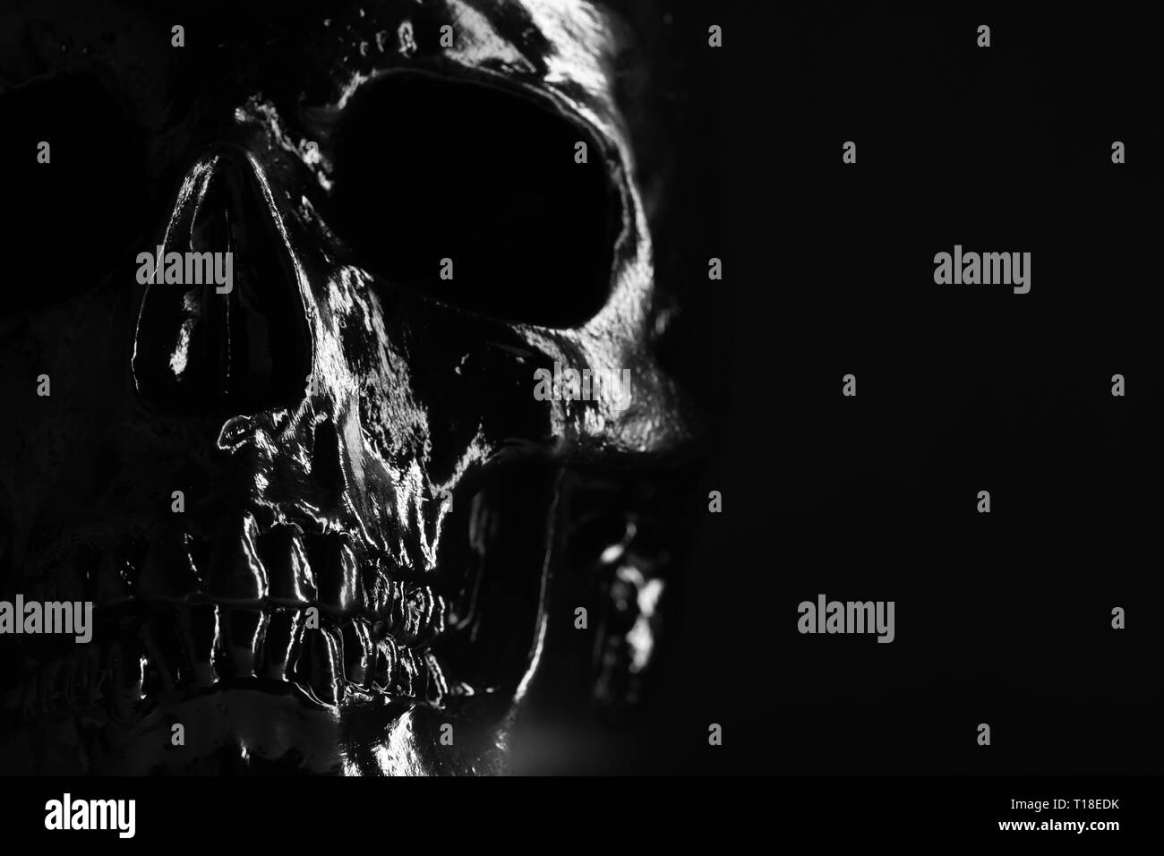 Modèle de crâne humain peints de noir sur fond noir avec éclairage. Concept de la peur et l'horreur, Halloween. Copy space Banque D'Images